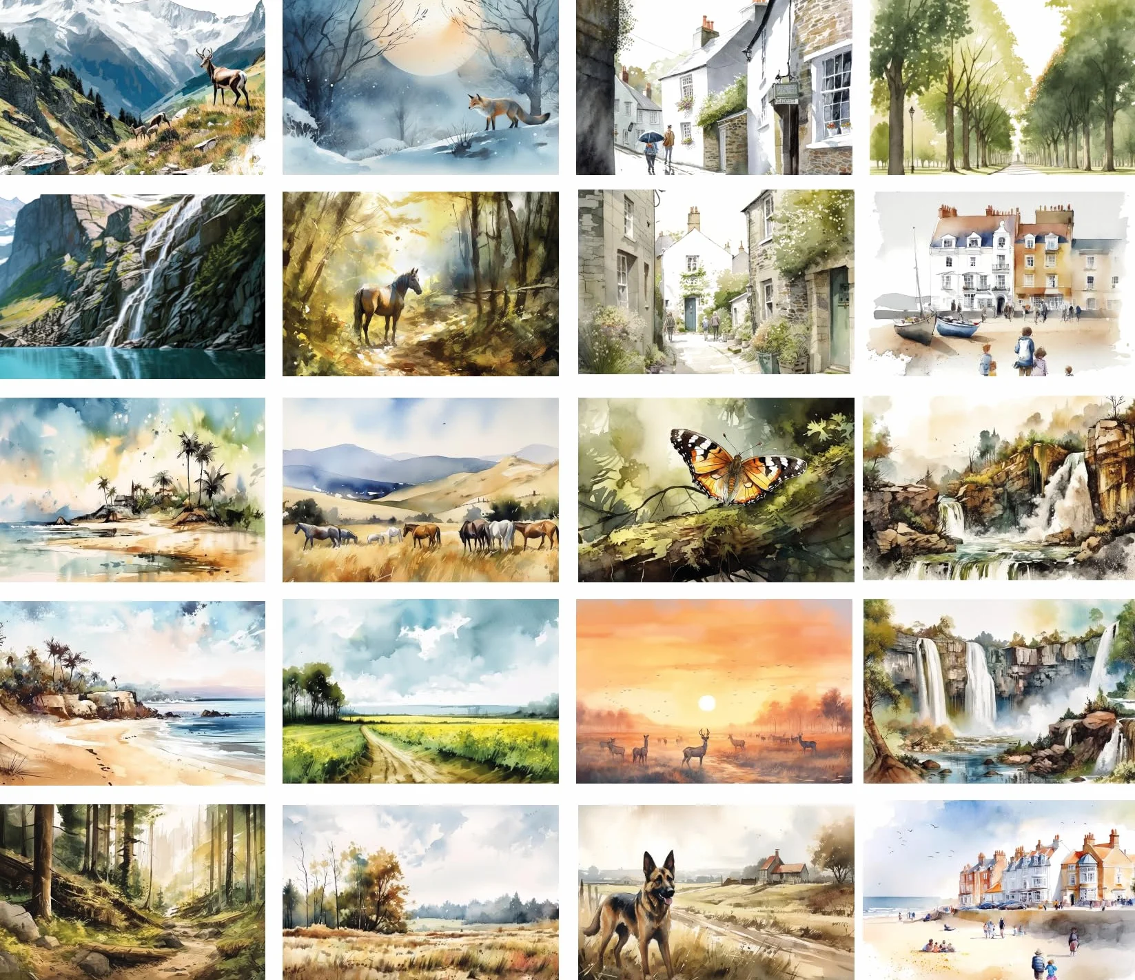 the lazy panda card company Pudełko artystyczne z motywem zwierzęcym, 100 pocztówek ze zwierzętami narysowanymi akwarelami, 100 różnych wzorów (100 malowanych krajobrazów), LP100BOX, Mieszany