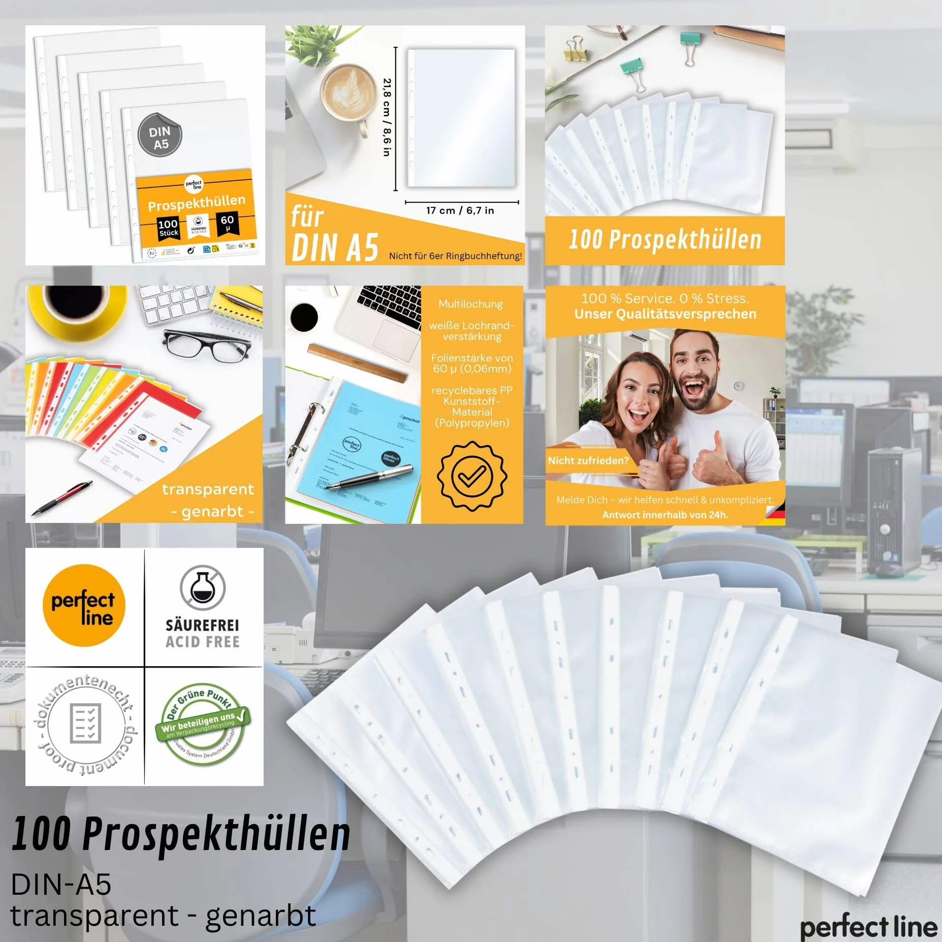 perfect line 100 Koszulki na Dokumenty DIN-A5, Przezroczyste Koszulki Foliowe, Foliowe Koszulki A5 Groszkowane, Koszulki do Segregatora, Transparentne, bezkwasowe, chroniące dokumenty