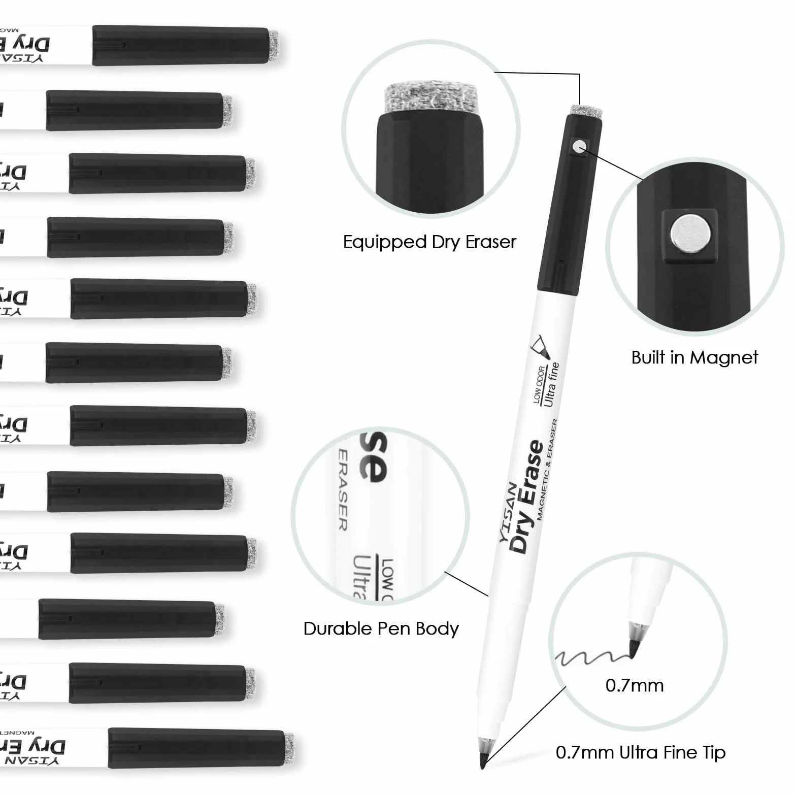 YISAN Markery magnetyczne do białej tablicy Fine Tip 0,7 mm, czarne, suche pisaki