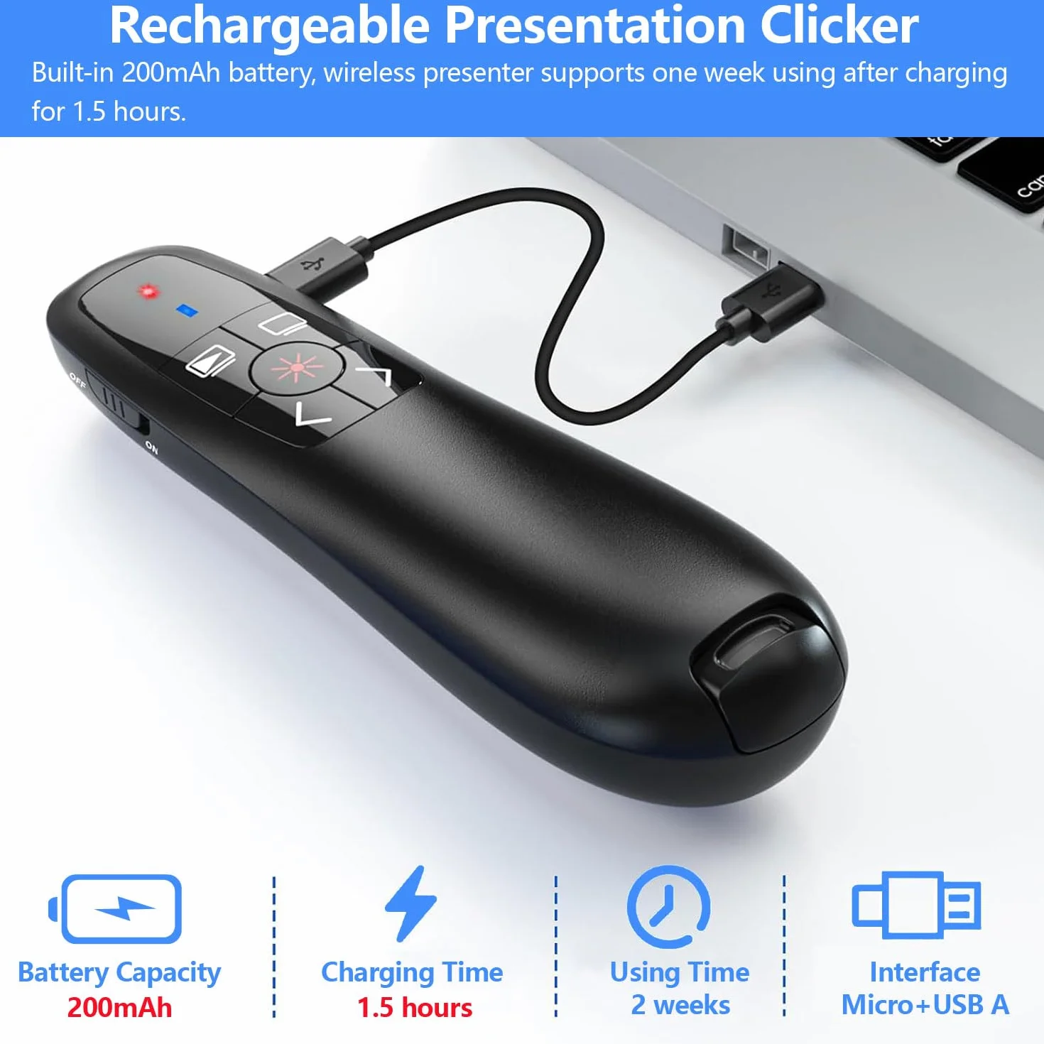 Prezentacja Clicker 2 w 1 USB typu C 2,4 GHz ładowalny bezprzewodowy pilot do PowerPoint Mac laptop