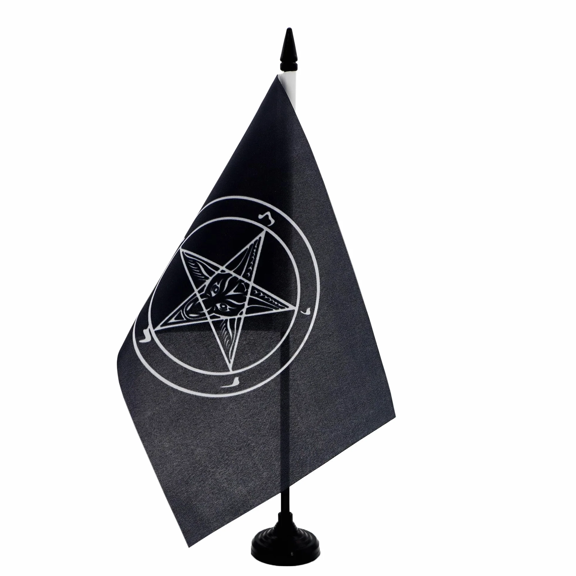 AZ FLAG - Bafomet Stół Flaga Zakonu Świątyni 21 x 14 cm - Mała flaga Kościoła Szatana Biurowego 100% Poliester z Hampem 25 cm i czarną plastikową podstawą