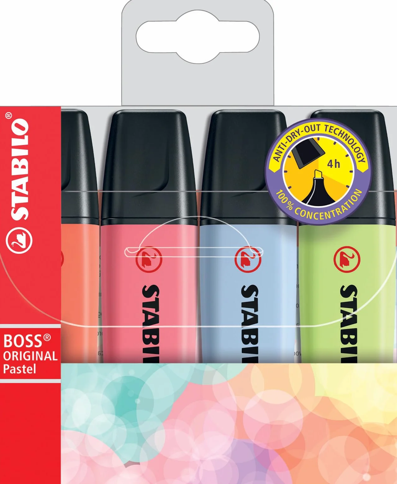 Zakreślacz - STABILO BOSS ORIGINAL Pastel etui 4 szt. - pastelowe kolory: czerwony, wiśniowy, niebieski, limonka