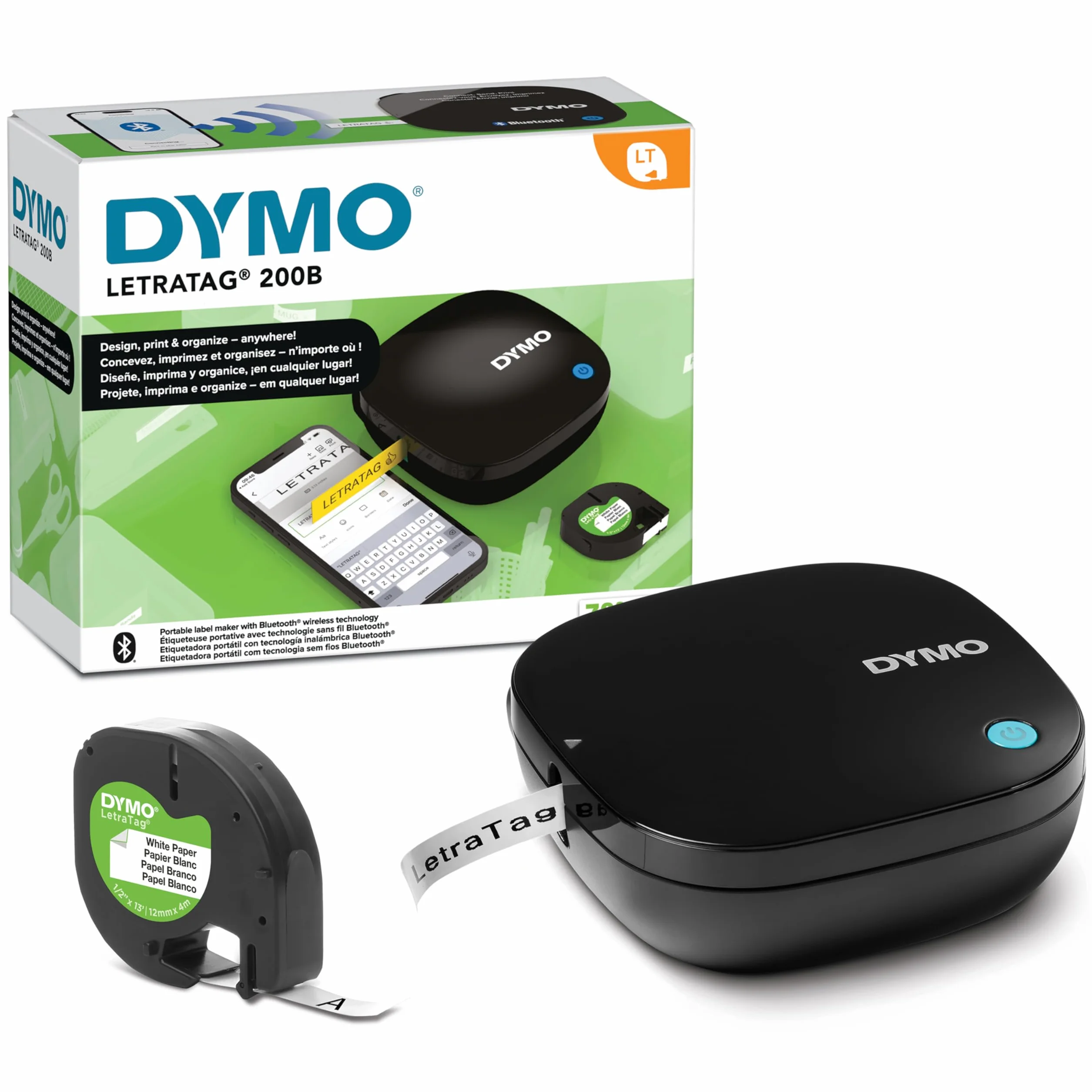 Drukarka etykiet DYMO LetraTag 200B z technologią Bluetooth | Kompaktowa drukarka etykiet | Łączy się z urządzeniami z systemem operacyjnym iOS lub Android