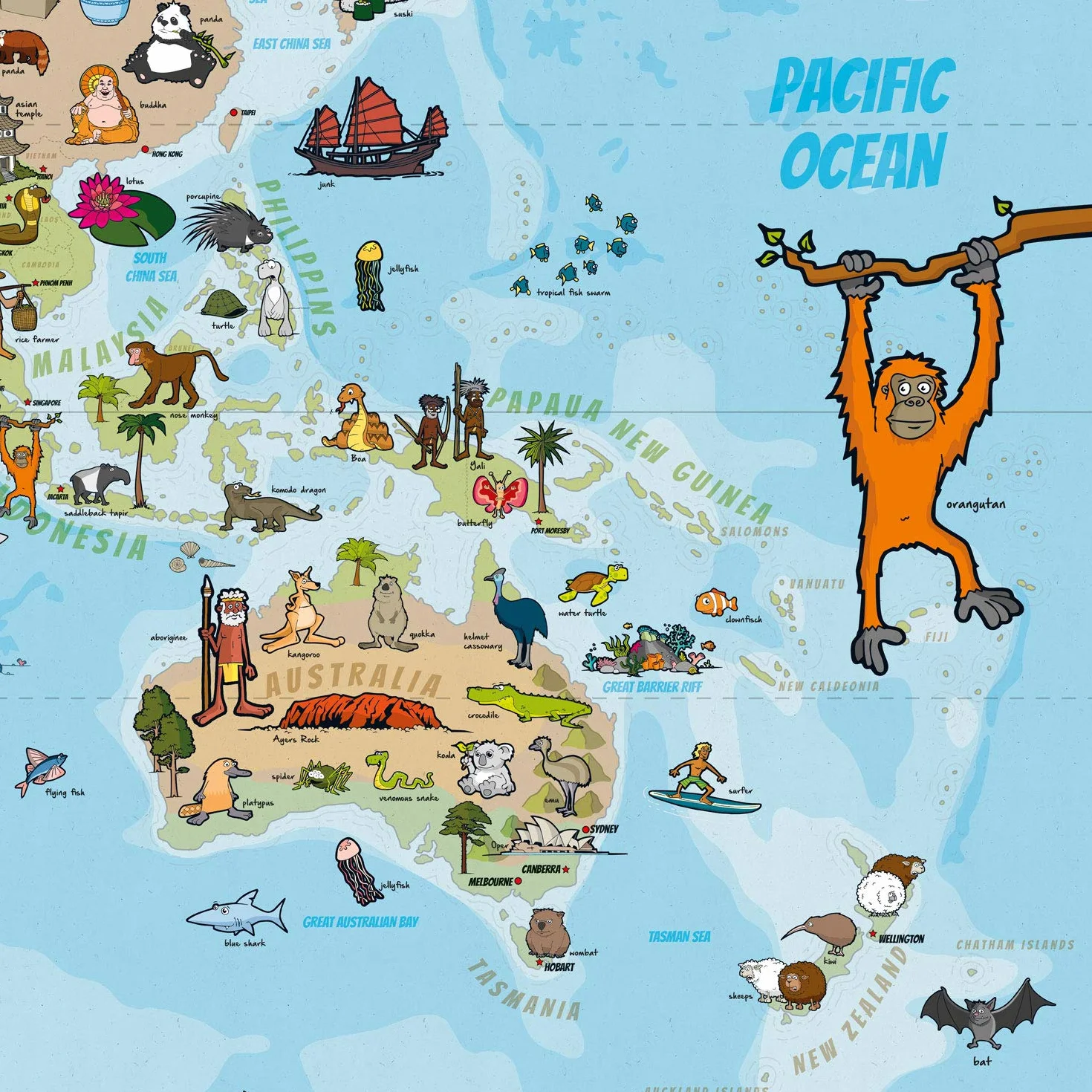 Panoramiczna mapa świata dla dzieci XXL 140 x 100 cm ręcznie rysowana kolorowana Angielski