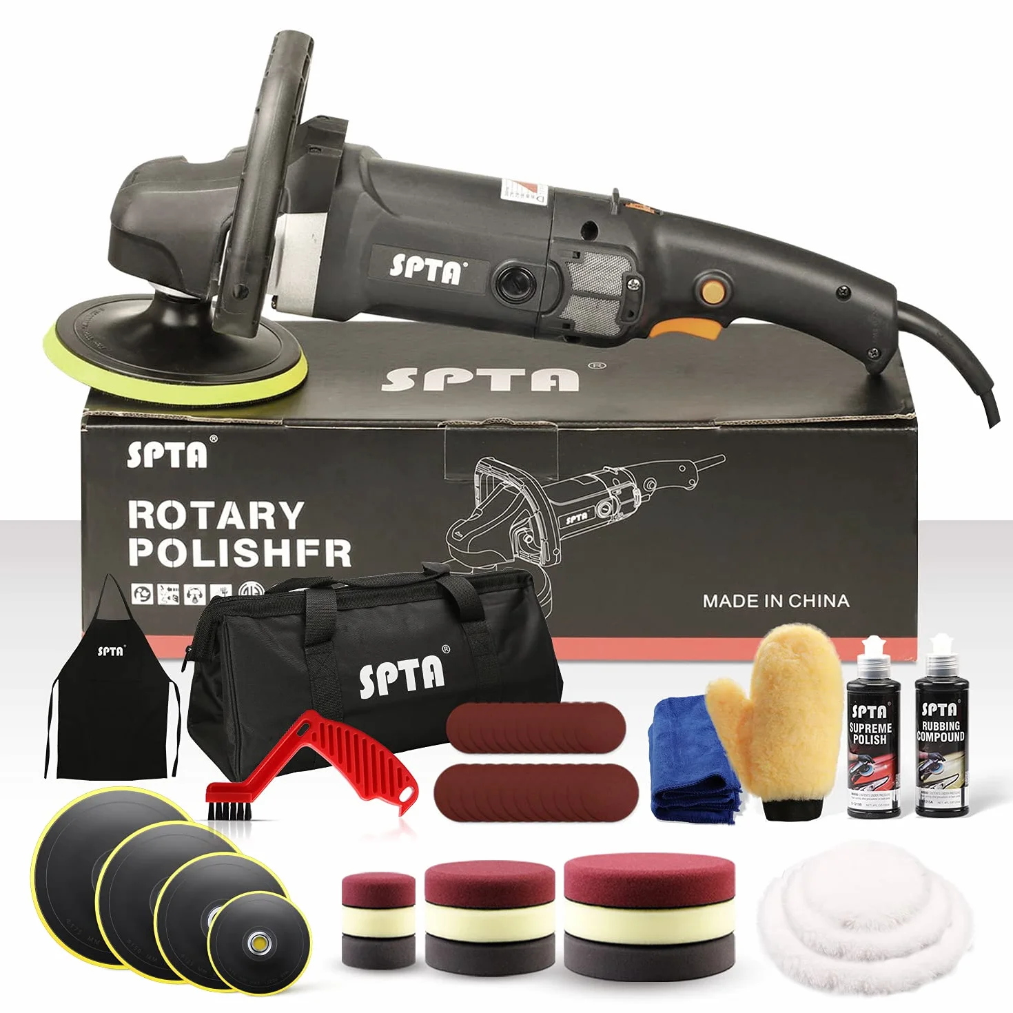 SPTA Maszyna do polerowania, 125 mm/150 mm/180 mm, polerka ze zmienną prędkością, profesjonalny zestaw szlifierek 1200 W + gąbka do polerowania, zestaw akcesoriów, talerz polerski, tarcza wełniana, do