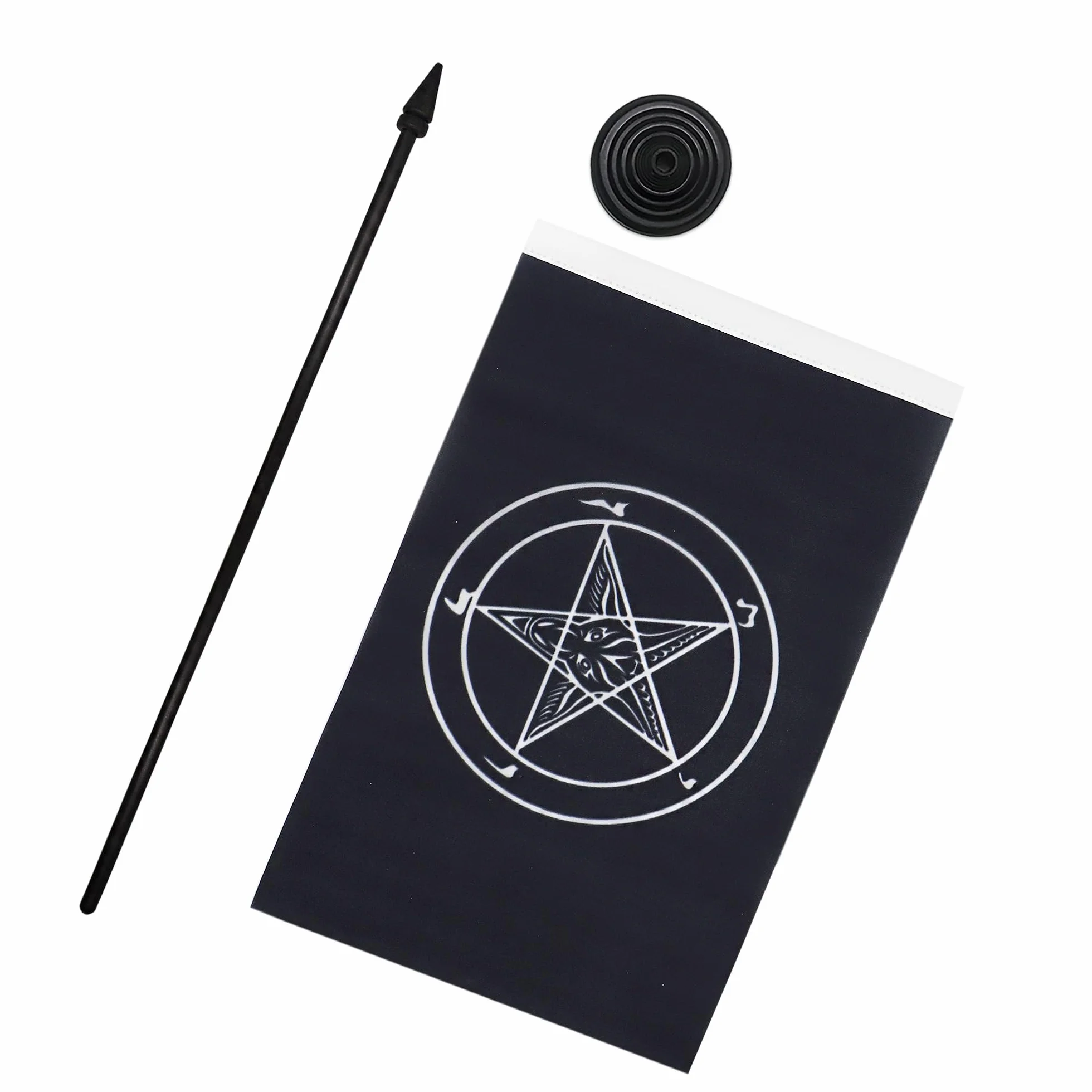 AZ FLAG - Bafomet Stół Flaga Zakonu Świątyni 21 x 14 cm - Mała flaga Kościoła Szatana Biurowego 100% Poliester z Hampem 25 cm i czarną plastikową podstawą