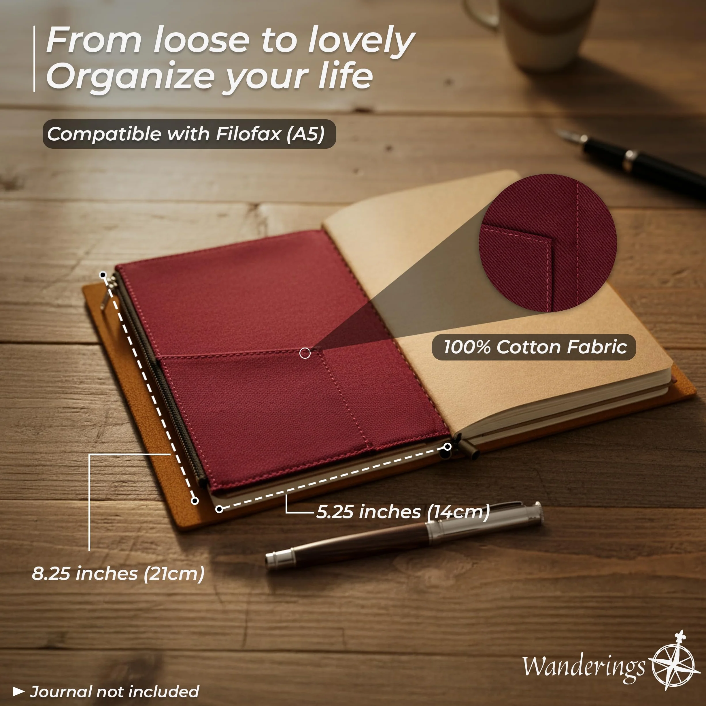 Wanderings Etui Na Zamek Z Kieszonkami Na Karty – Akcesorium Do Notatników Podróżnych W Formacie Regularnym – 21 x 11 cm – Trwałe Akcesorium Z Bawełny 100% Dla Standardowych Notesów I Planerów