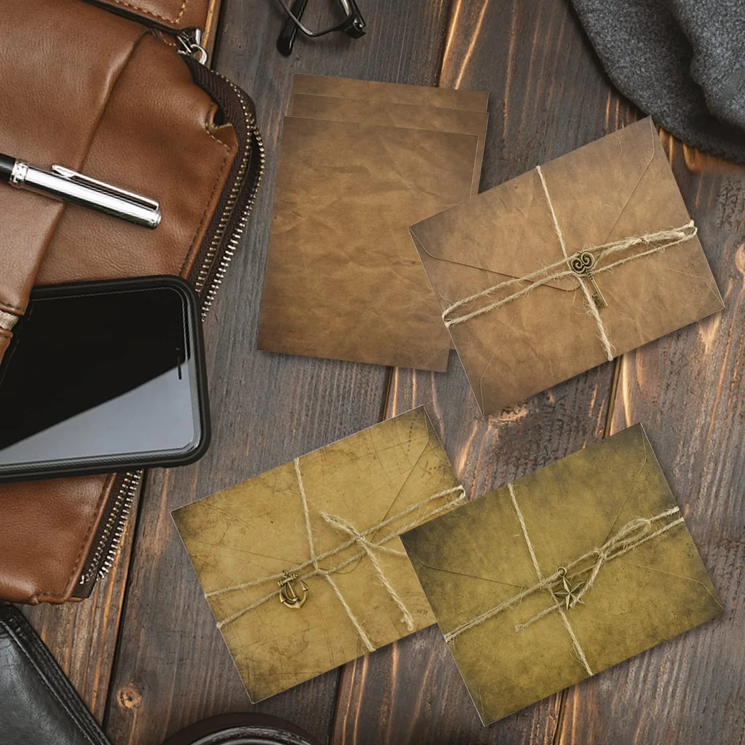 Koperty w stylu antycznym z kopertą, zestaw do pisania w stylu vintage, 24 arkusze, papier listowy, 12 kopert, 12 kluczy retro, 12 lin konopnych, 2 arkusze naklejek uszczelniających w stylu vintage