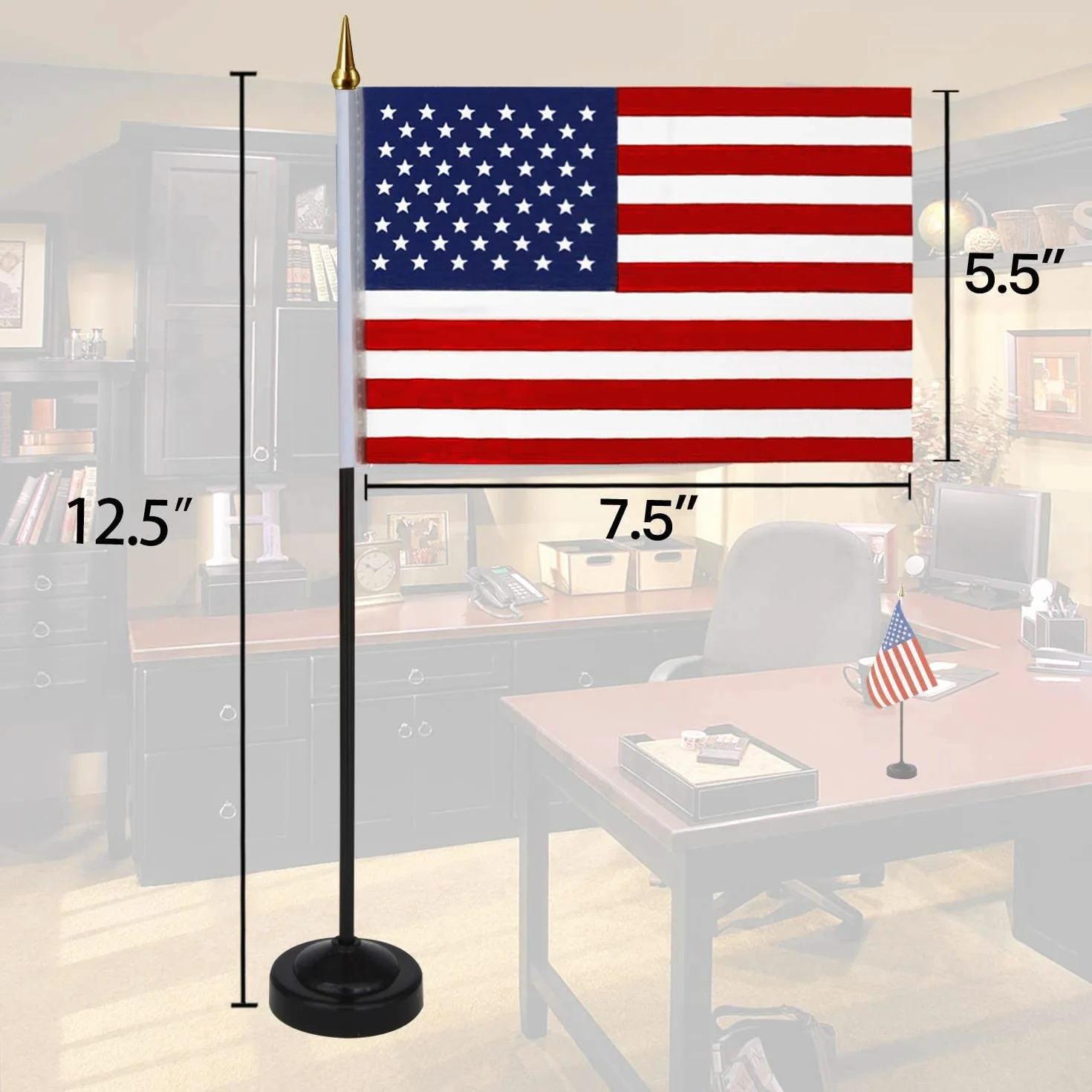 ANLEY USA Deluxe Biurkowy zestaw flag - 8 x 5 cali amerykańska miniaturowa amerykańska flaga na biurko z 13-calowym czarnym masztem - żywy kolor i odporność na blaknięcie - czarna podstawa i grot
