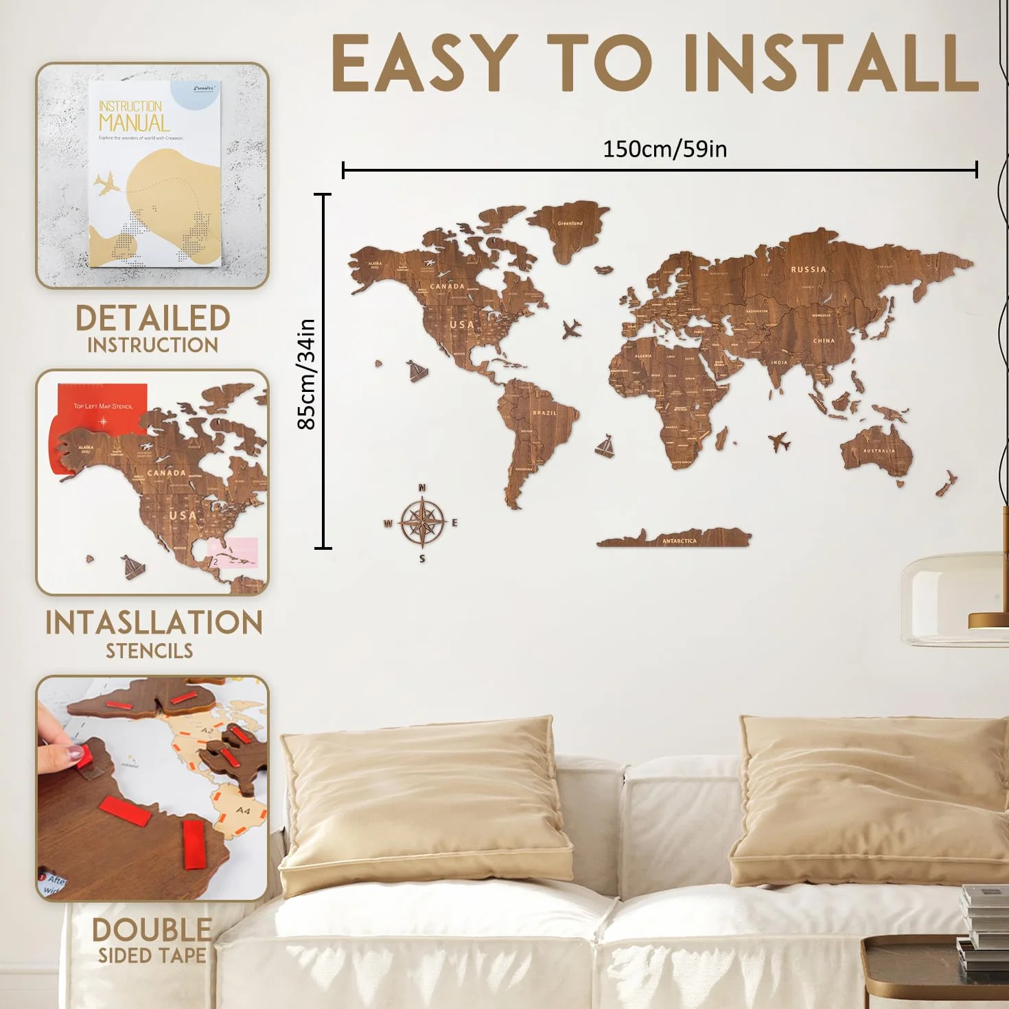 Creawoo Drewniana mapa świata Wall Art, orzechowe drewno mapa podróży do salonu, sypialni, dekoracji biura, idealny prezent dla pary, Housewarming (150x85cm)