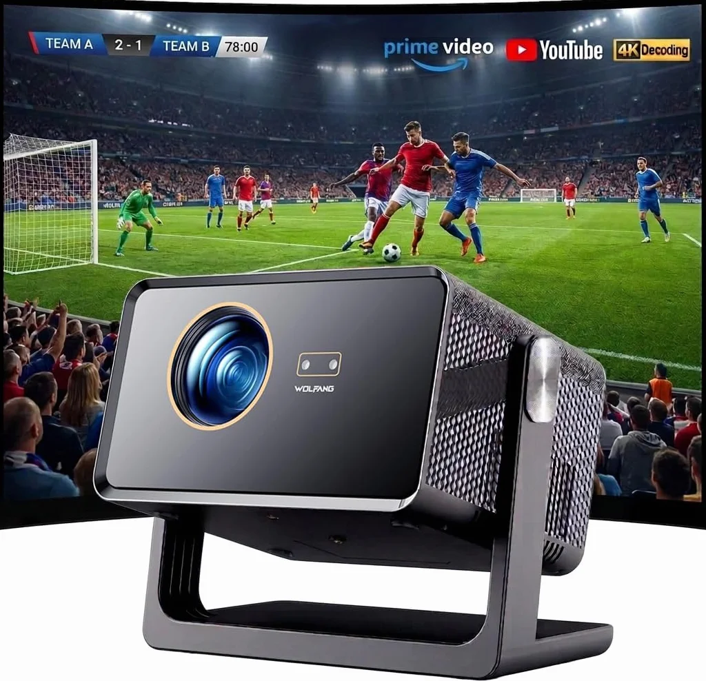 WOLFANG 28000 Lumenów 4K Mini Projektor【Oficjalny Netflix & Autofokus/Korekcja Trapezu】, Przenośny Projektor 5G WiFi z Bluetooth 5.2, Projektor Kina Domowego ze Stojakiem 180° do Ekranu 300''