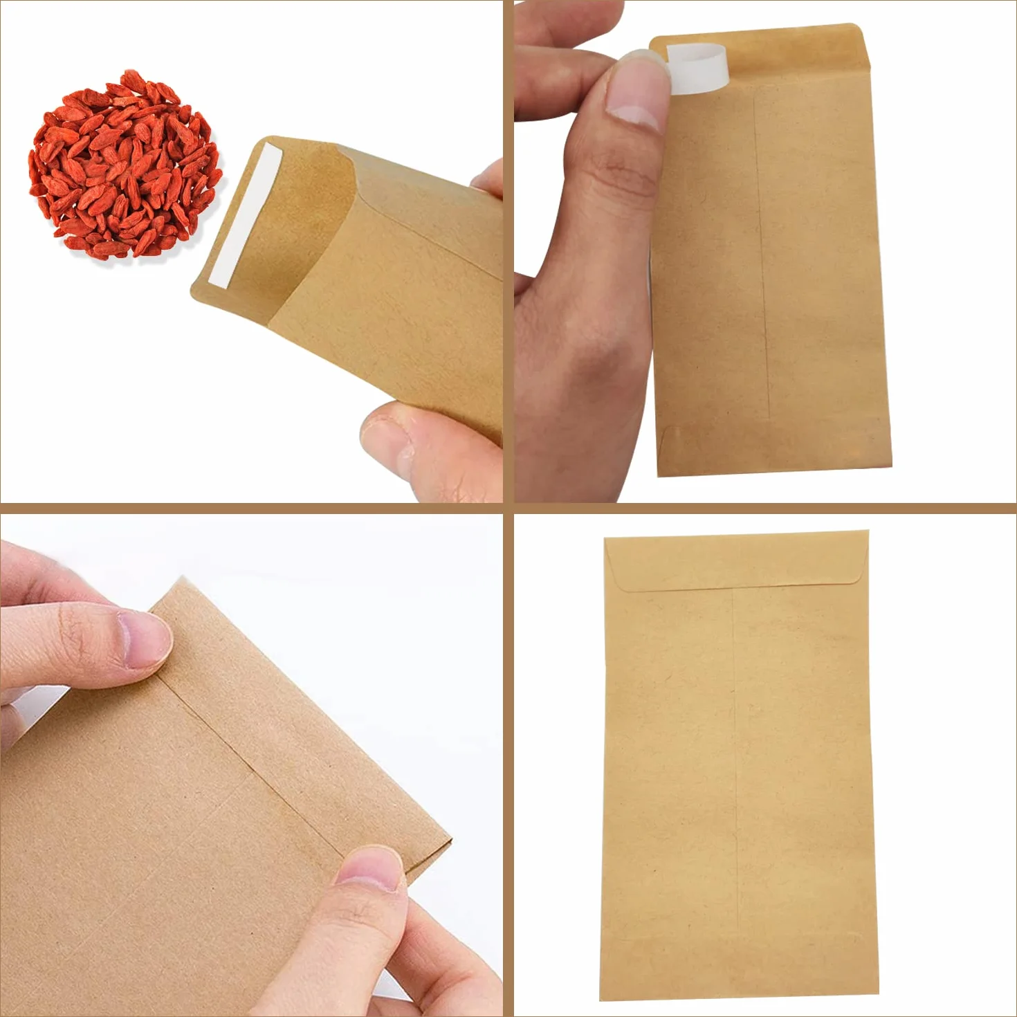100 szt. Małe brązowe koperty, samoprzylepne koperty z nasionami Pakiety z nasionami Koperty na monety z papieru pakowego na płace, nasiona, monety, koraliki lub znaczki (10x6 cm/3,9x2,4 cala)