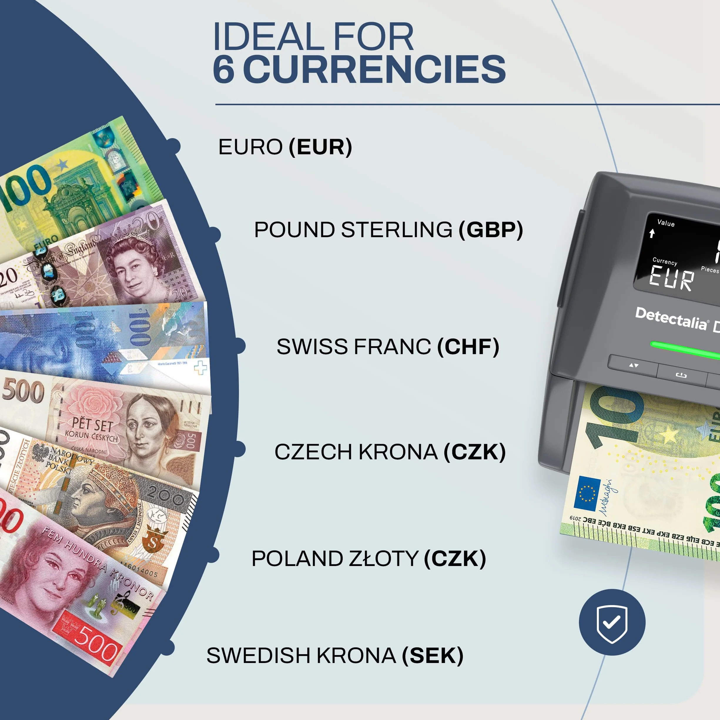 Detectalia D7X tester banknotów i maszyna do liczenia banknotów z 7 kontrolami rozpoznawania euro, gbp, chf, pln, czk, sek