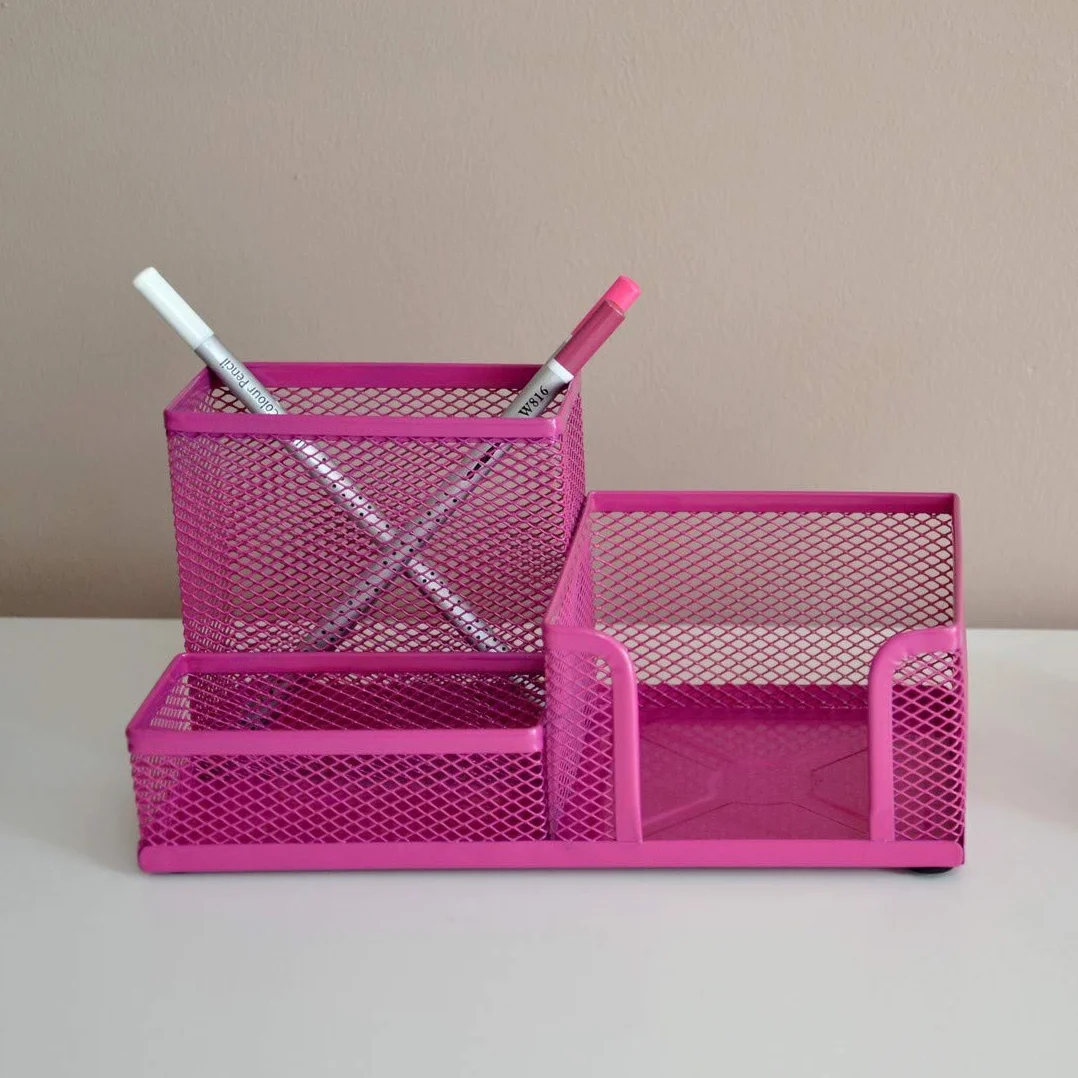 Leviatan Organizer na Biurko z Siatki Metalowej – Różowy Pojemnik na Długopisy i Karteczki – Półka Biurowa 205 x 103 x 98 mm