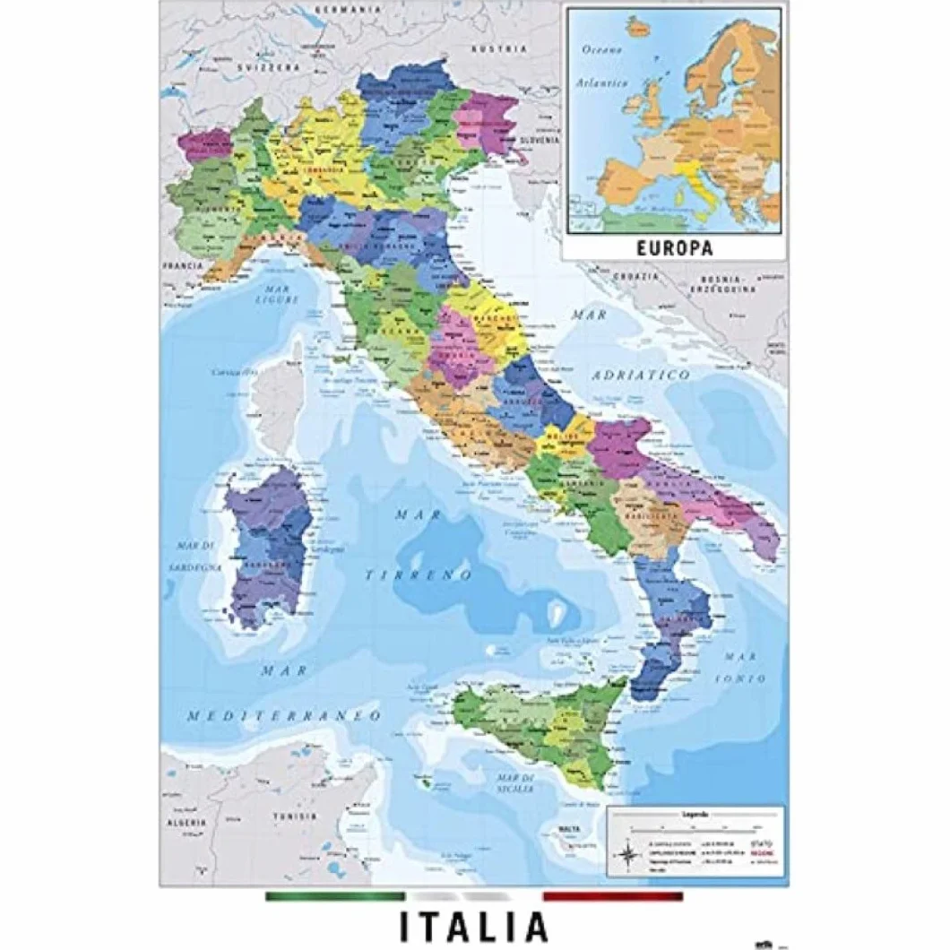Grupo Erik Mapa Italia Físico Politico Mapa Włoch, Papier, Wielokolorowy, 91.5 x 0.1 x 61 cm