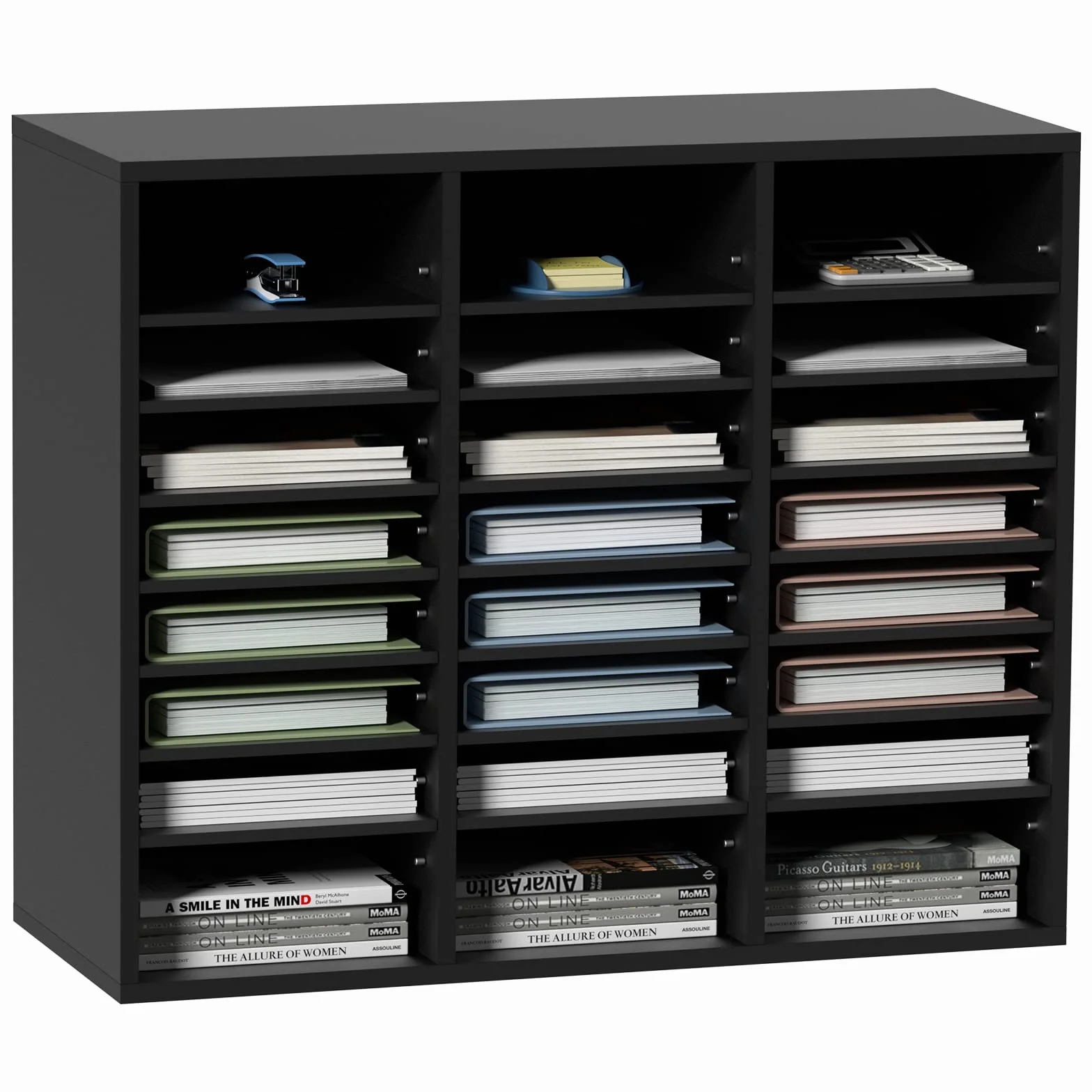 VEVOR Drewniany Organizator Literatury Płyta wiórowa Stojak do przechowywania dokumentów 24 przegródek 73,7x30,5x62 cm Klasyfikator literatury z regulowanymi półkami biurowymi, Czarny