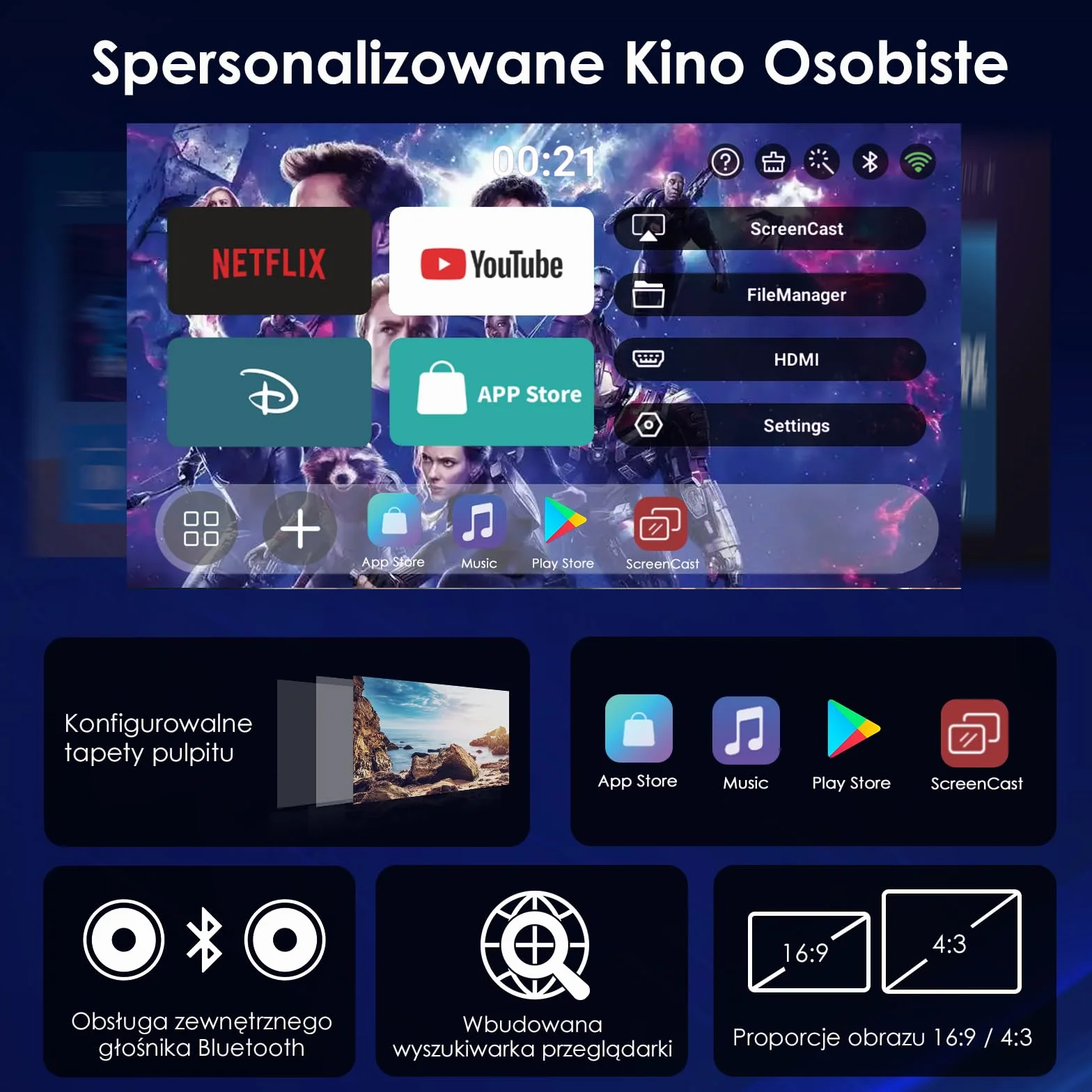 Projektor WOLFANG 4K 20000 luksów Android 11.0 1080P