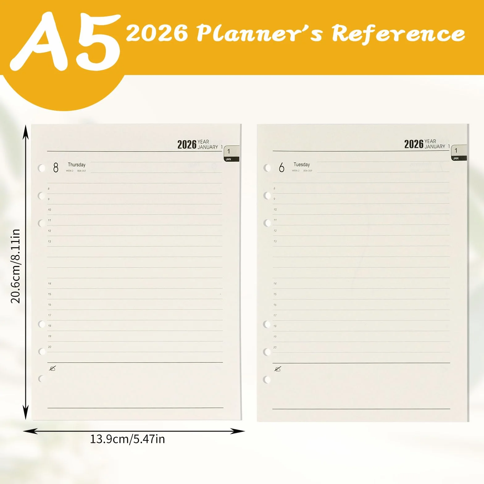 Planer tygodniowy 2026 wkład A5 6 otworów 176 stron kalendarz styczeń grudzień 139 x 206 mm papier uzupełniający