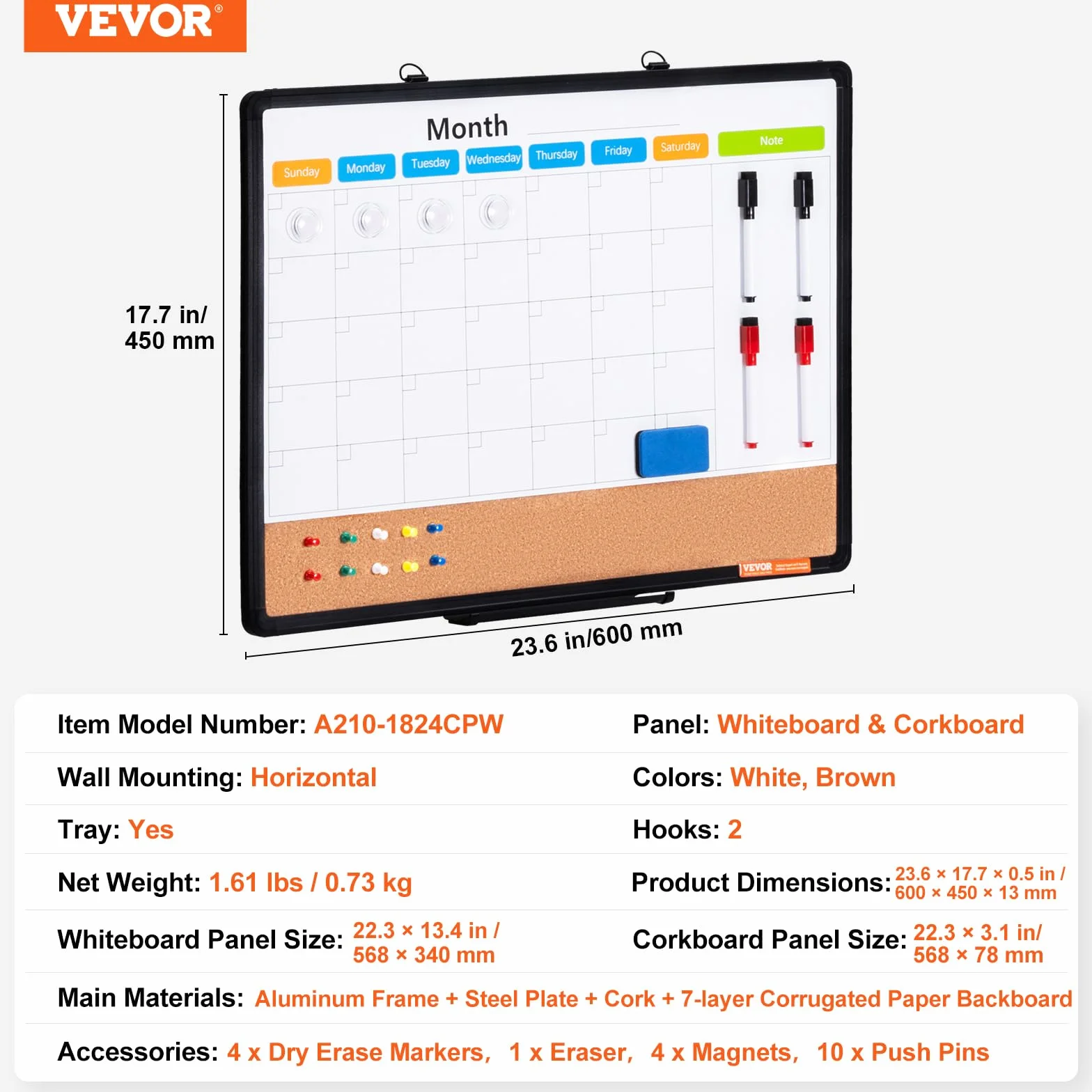 VEVOR Tablica suchościeralna 61 x 45 cm, tablica ogłoszeń 2 w 1