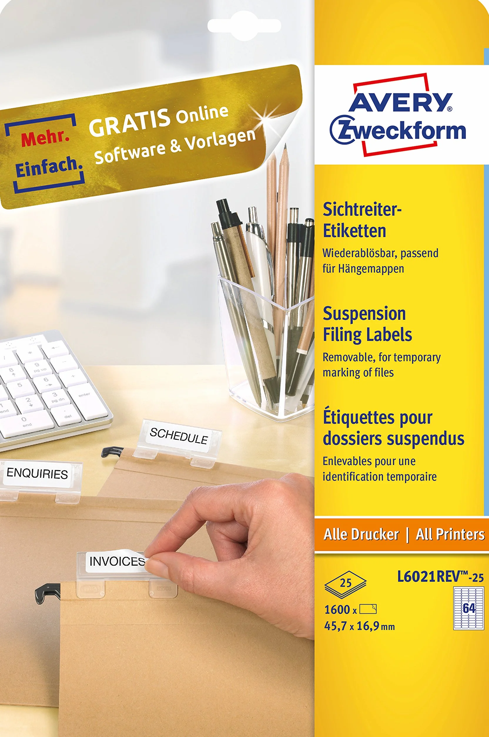 AVERY Zweckform L6021REV-25 etykiety (1600 sztuk, zdejmowalne, 45,7 x 16,9 mm, 25 arkuszy), białe
