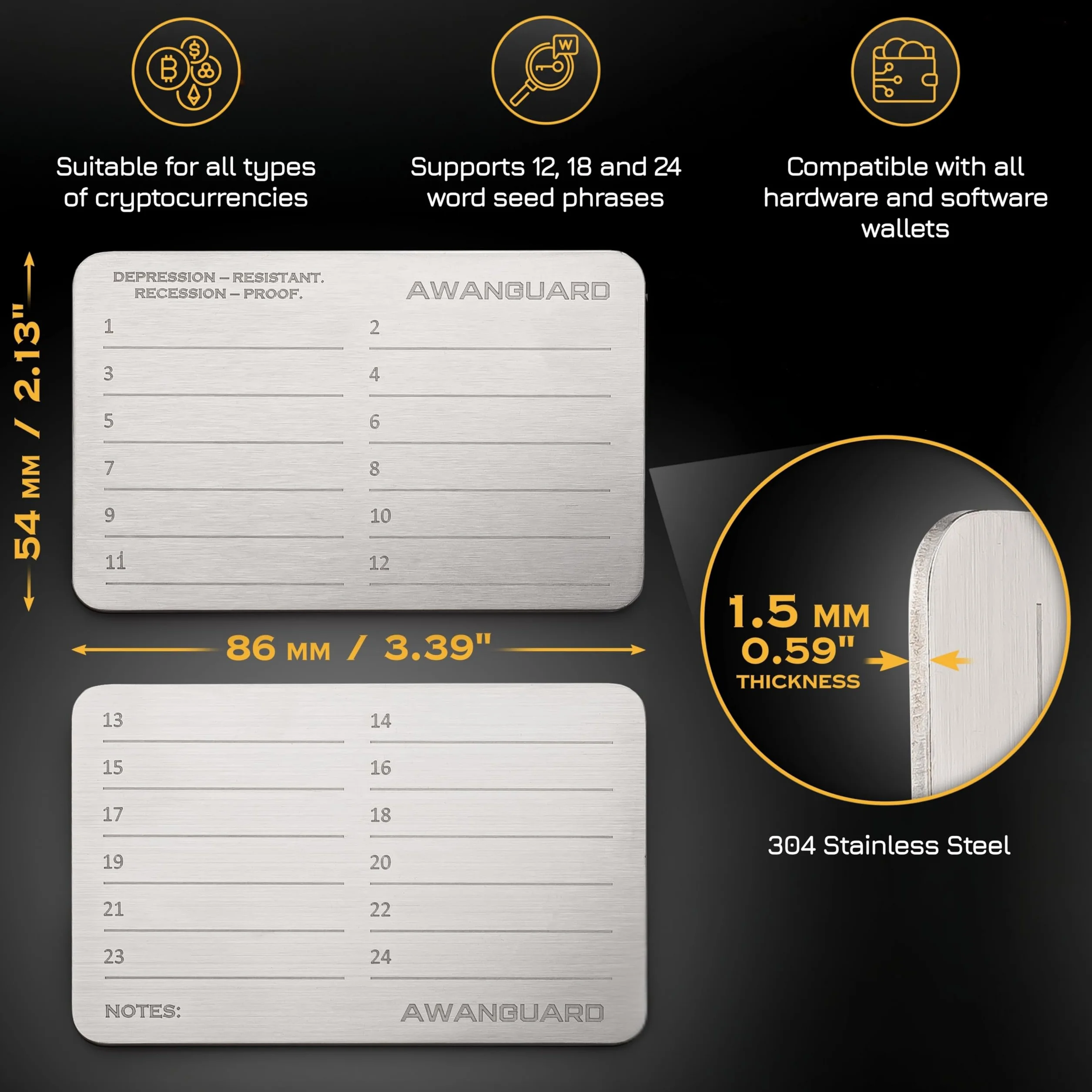 Stalowy Portfel Kryptowalutowy 3x24 Seed Phrase Metal Plates Kompatybilny z Ledger Trezor