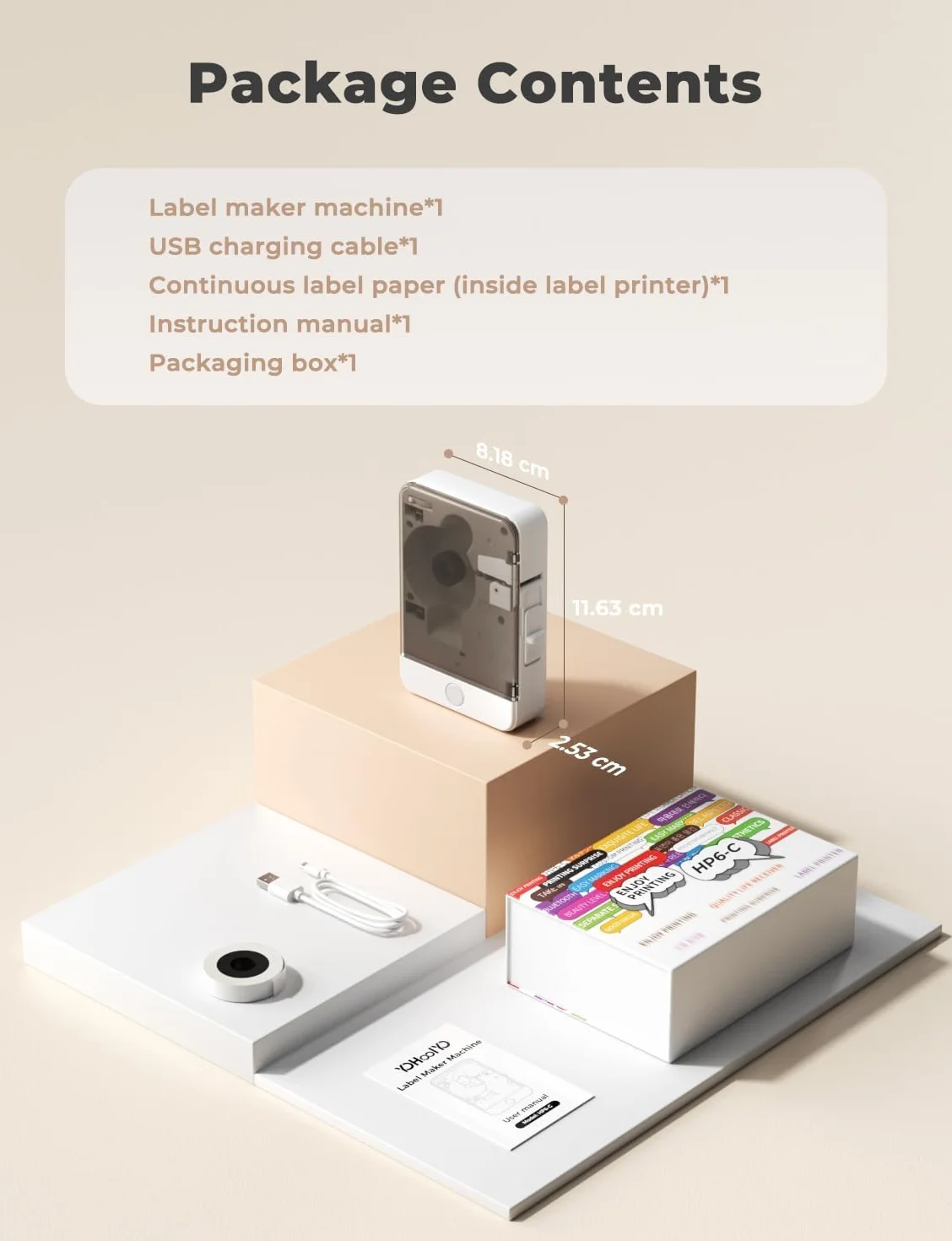 YOHOOLYO HP6-C Termiczna Drukarka Etykiet Bluetooth 203DPI - Przenośna Mini Aplikacja Mobilna, Kompatybilna z iOS/Android, Do Domu i Biura, Z 1 Rolką Samoprzylepnych