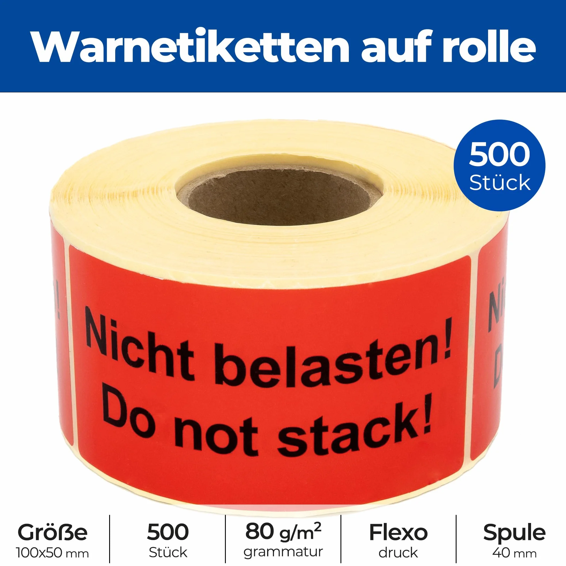 Etykiety ostrzegawcze na rolce 100 x 50 mm 500 sztuk papier samoprzylepny jaskrawoczerwony