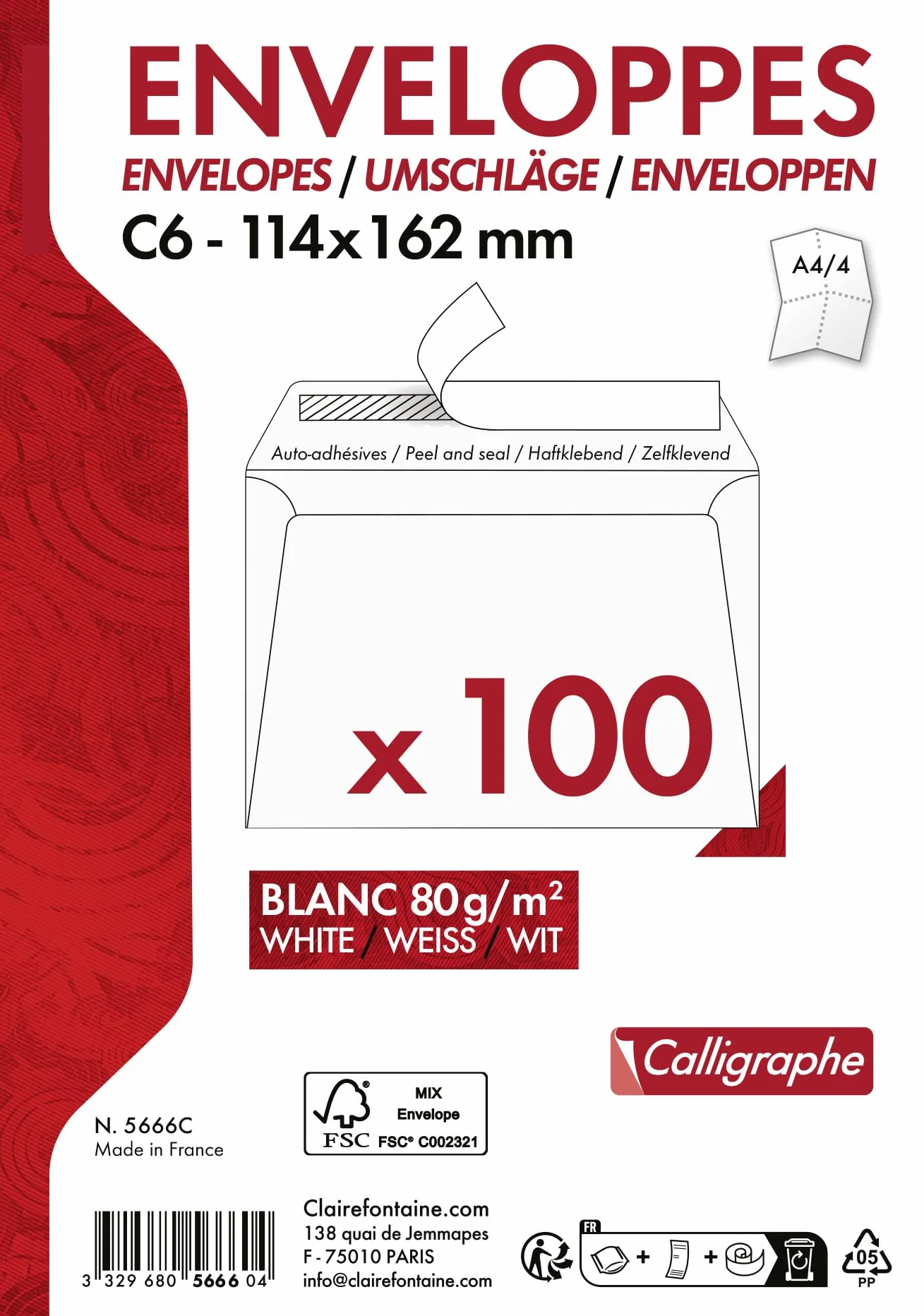 Clairefontaine Calligraphe 5666C Zestaw 100 białych kopert C6 114x162mm Samoprzylepne 80g/m²