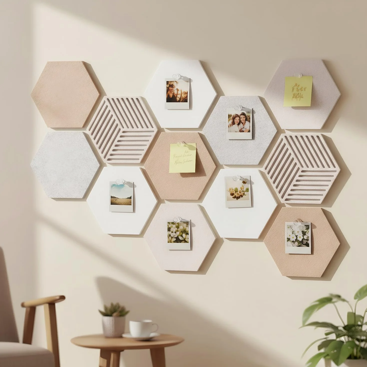 Acidea Sześciokątne tablice korkowe na ściany, samoprzylepne, DIY, filcowe płytki korkowe z 50 pinezkami, do biura, szkoły, domu, dekoracja ścienna, naklejki, notatki, zdjęcia, 12 szt