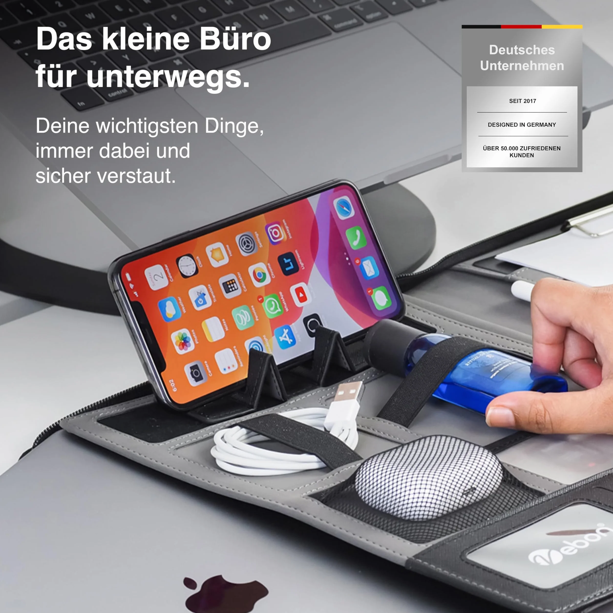 Vebon London Teczka konferencyjna formatu A4, z wegańskiej skóry, z zamkiem błyskawicznym, jako teczka na dokumenty i torba na laptop 2 w 1, z uchwytem na smartfon i podkładką z klipsem, czarny,