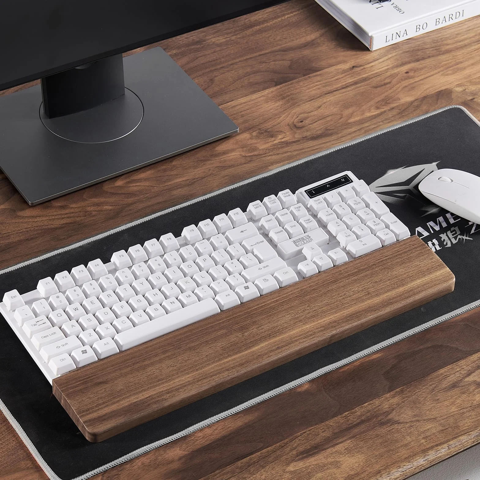 Podpórka pod nadgarstek z litego drewna czarnego orzecha, 60 klawiszy 30 cm, antypoślizgowa ergonomiczna, zestaw do biura i gier
