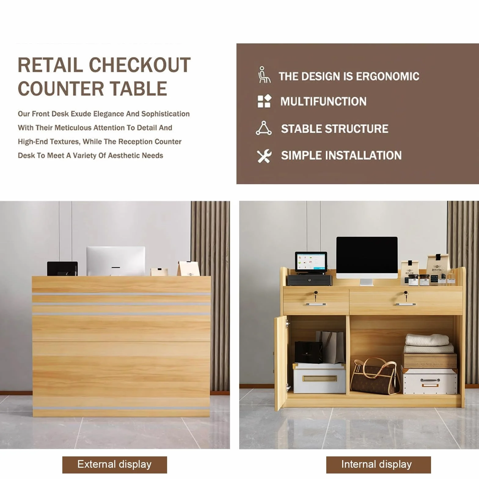 Reception Desk with Lockable Drawers, Cable Management Holes, Front Desk for Salon Office, 120cm