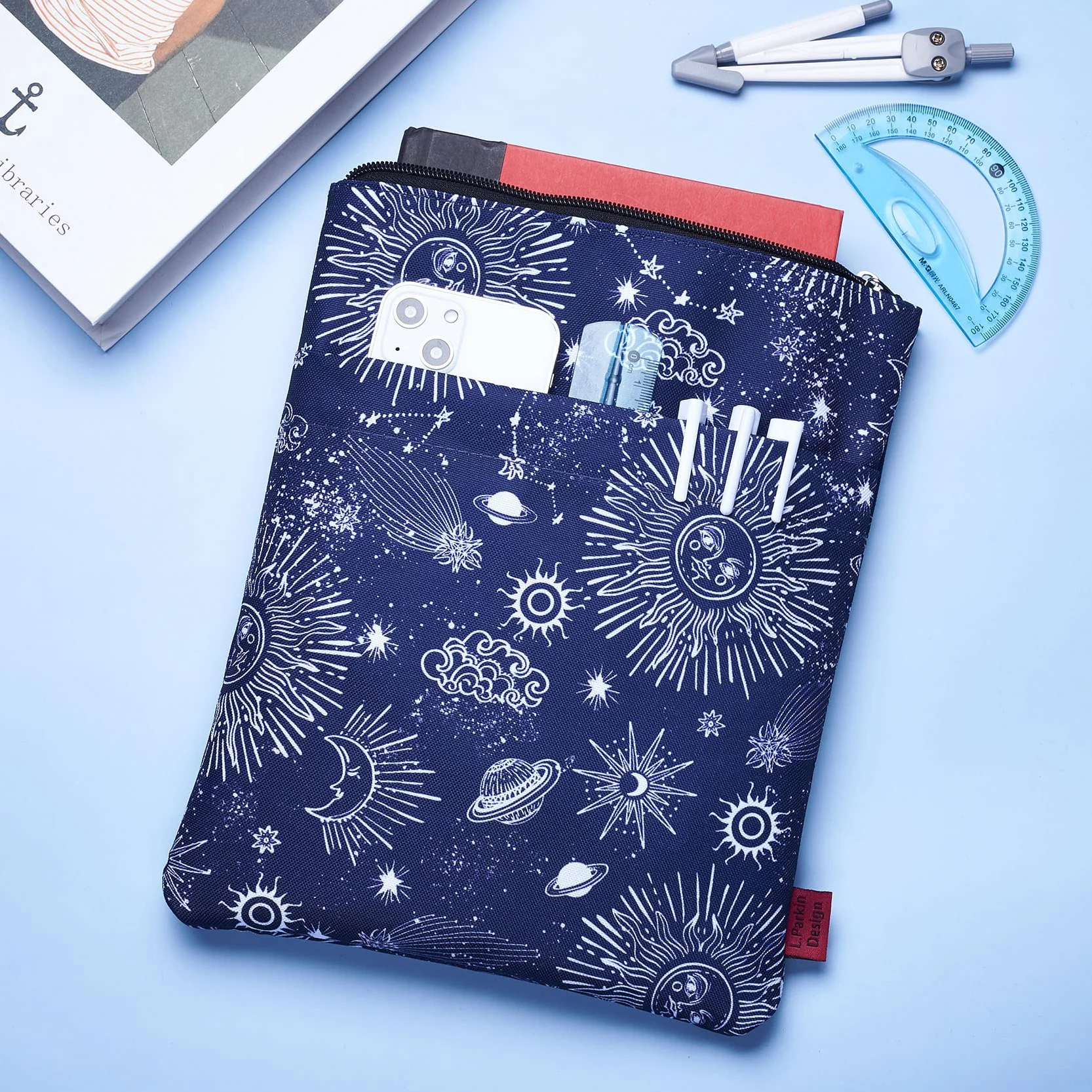 Zodiac Słońce i Księżyc Etui na książki, okładki na książki w miękkiej oprawie, rękawy na książki z zamkiem błyskawicznym, 28 x 20 cm, prezenty astrologiczne