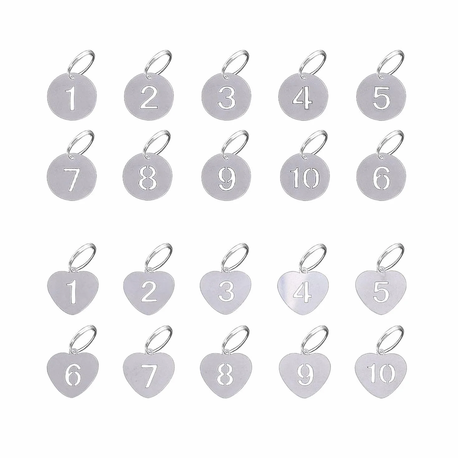 20 sztuk cyfrowych tabliczek miłosnych, okrągłych tabliczek, numerów, 1-10, numeryczne tabliczki ze stali nierdzewnej, numerowane breloczki, zawieszki do tablic rejestracyjnych