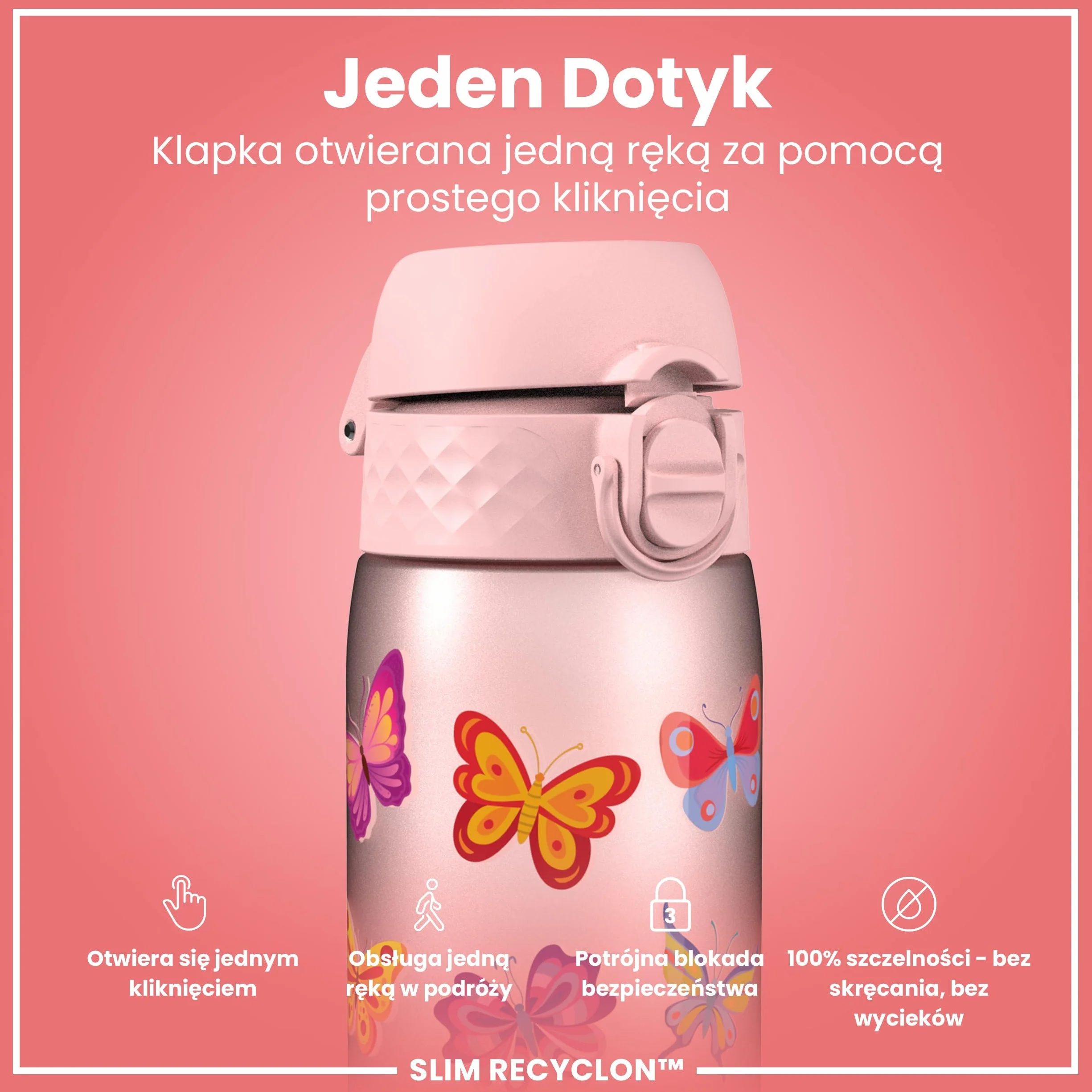 ION8 Butelka na Wodę, 500 ml/18 oz, Szczelna, Łatwe Otwieranie, Bezpieczny Zamek, Można Myć w Zmywarce, Bez BPA, Higieniczne Pokrycie, Uchwyt do Przenoszenia, Łatwa Czyszczenie, Bezwonny, Motyle