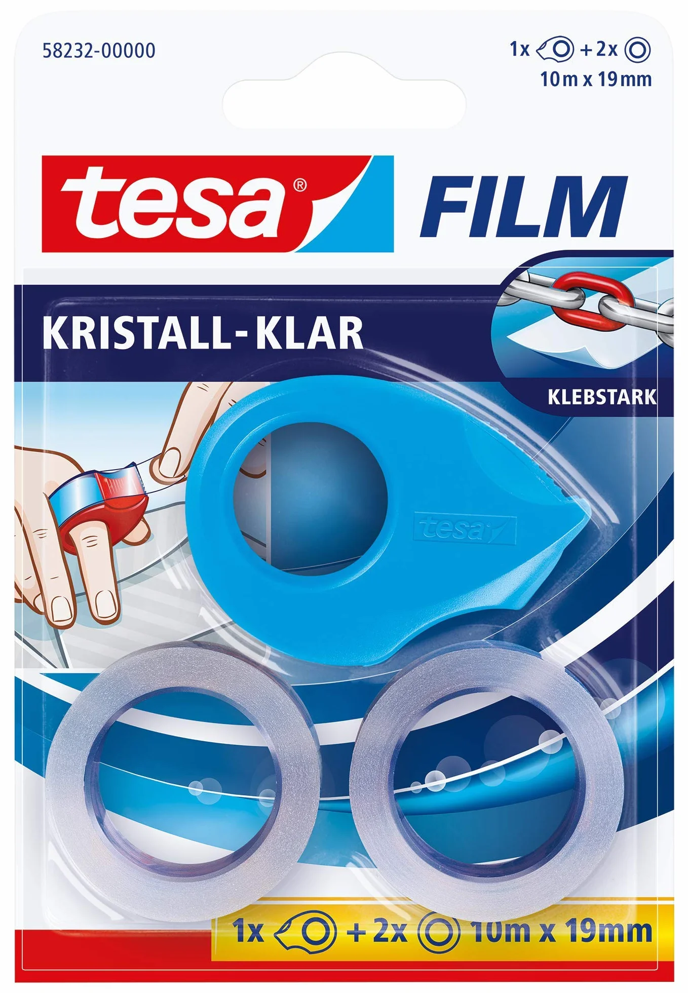 tesa tesafilm Mini dozownik różowy, niebieski lub biały z 2 x kryształowymi przezroczystymi kółkami, 10 m: 19 mm