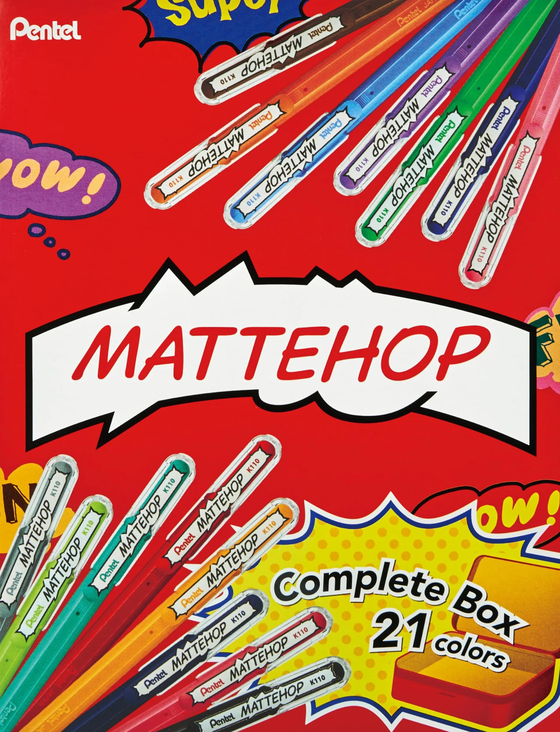 Pentel Mattehop K110V długopis żelowy 1,0 mm metalowe pudełko 21 sztuk sortowane kolorystycznie