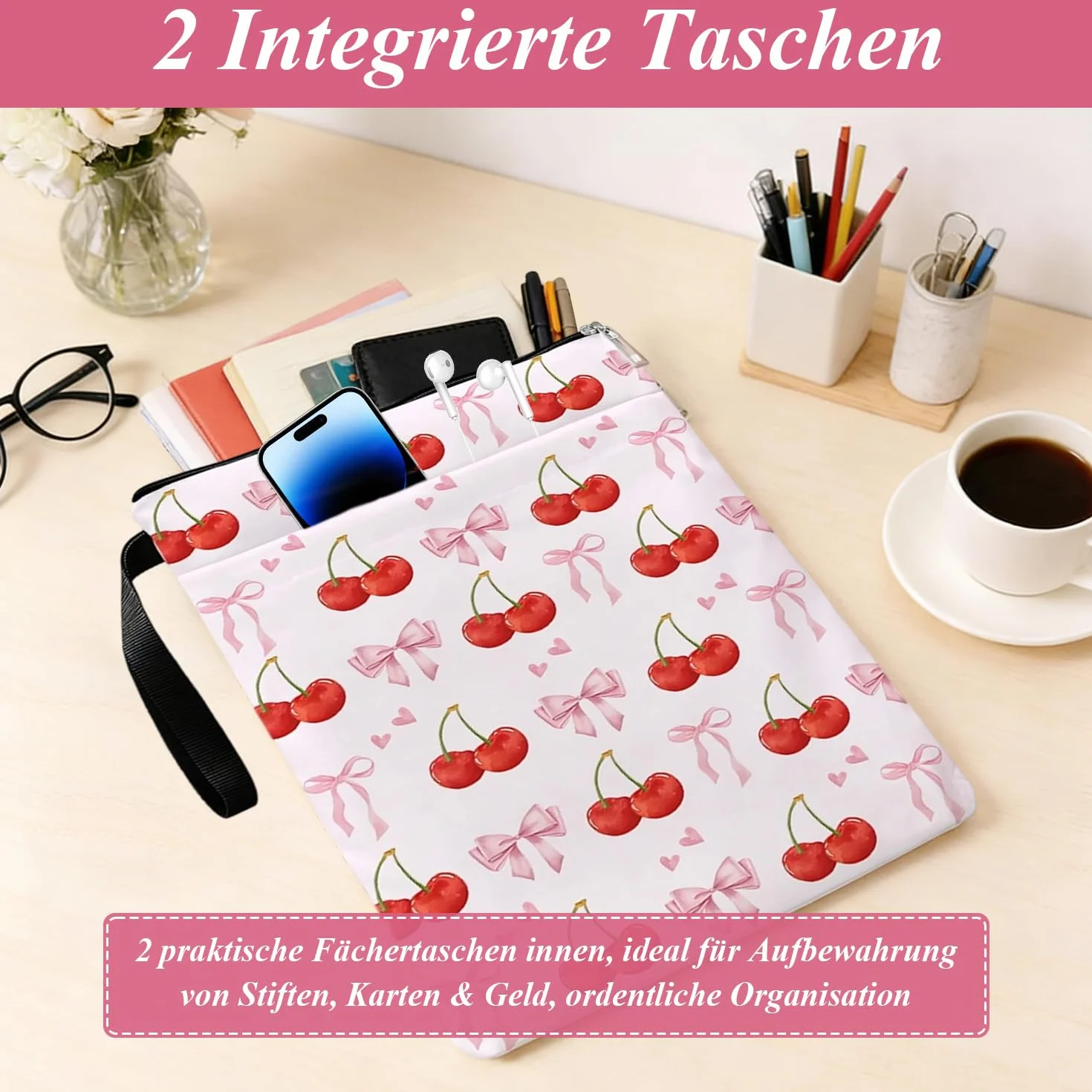 Etui na książkę z zamkiem błyskawicznym, wzór wiśniowej kokardki, okładka na książkę z poliestru, miękka, kieszeń na książki z przodu walizki, obwoluta na książki na powieści i podręczniki szkolne