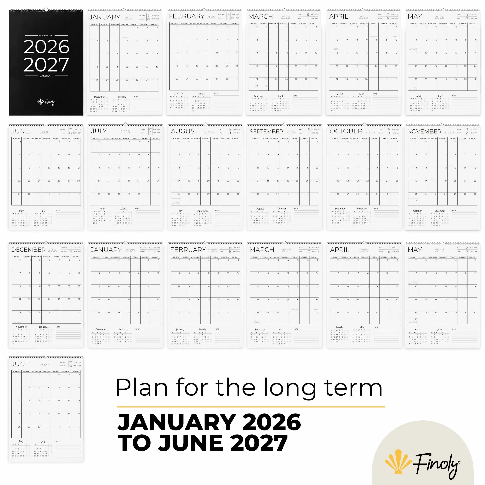 Finoly Kalendarz Ścienny Lipiec 2026 Grudzień 2027 (18 Miesięcy) w Języku Angielskim | Kalendarz Miesięczny 2026 A4 | Rodzinny Kalendarz Ścienny | Miesięczny Planer | Minimalistyczny Almanach