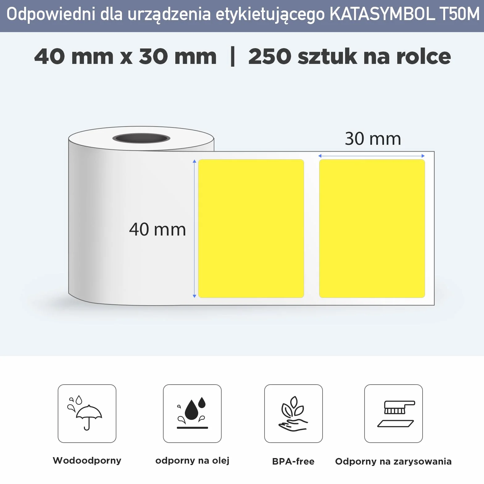 SUPVAN KATASYMBOL T50M Pro Taśma Do Drukarki Etykiet, Papier, Wodoodporne Etykiety Do Domu, Szkoły, Biura, 30 mm x 40 mm, 250 Etykiet/Rolka,1 Rolka, Czarny Na Żółty