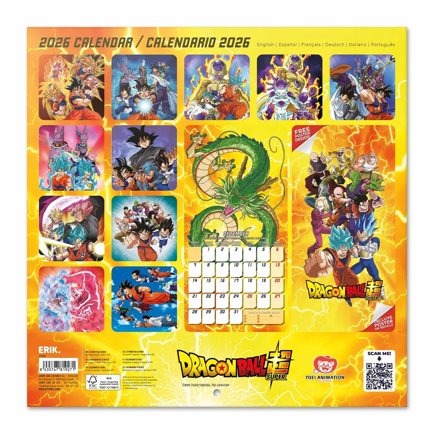 Grupo Erik Dragon Ball Wall Calendar 2026 - Square 30 x 30 cm, Family Planner Month To View