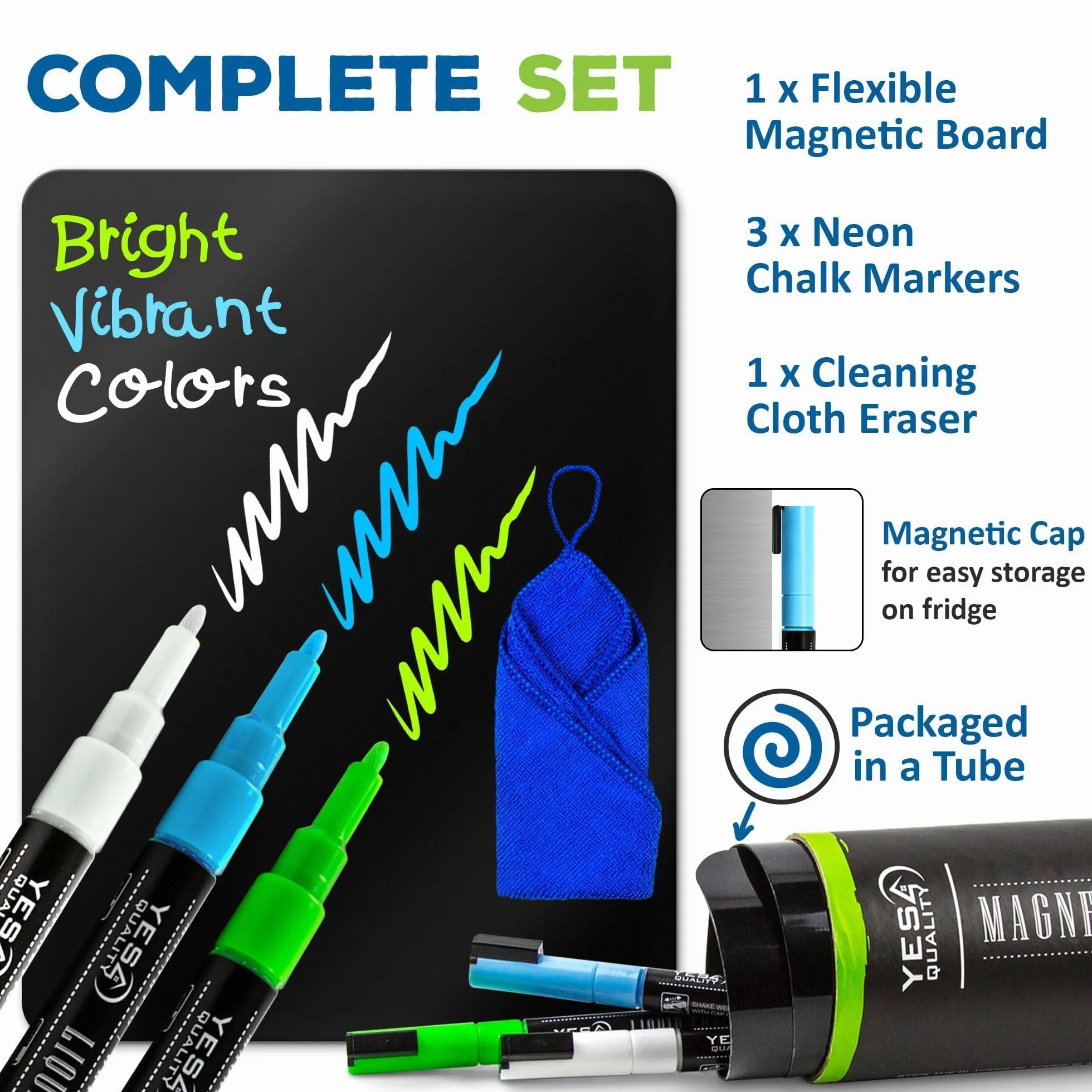 Magnetic Black Dry Erase Board for Fridge - A3 / 43 x 28cm - Stain-Resistant w/ 3 Magnetic, Fine-Tip Neon Chalk Markers & Eraser - by Yes4Quality