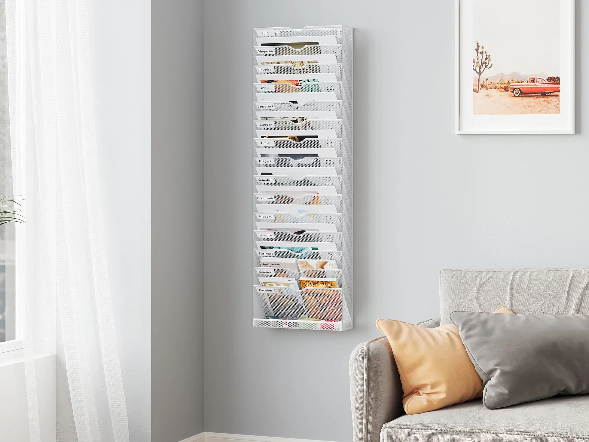 EasyPAG Uchwyt Ścienny na Dokumenty A4 16 Przedziały Metal Siatka,Wiszący Organizer na Dokumenty,Ścienny Stojak na Pocztę,Przechowywanie Czasopism do Biura & Domu,Biały