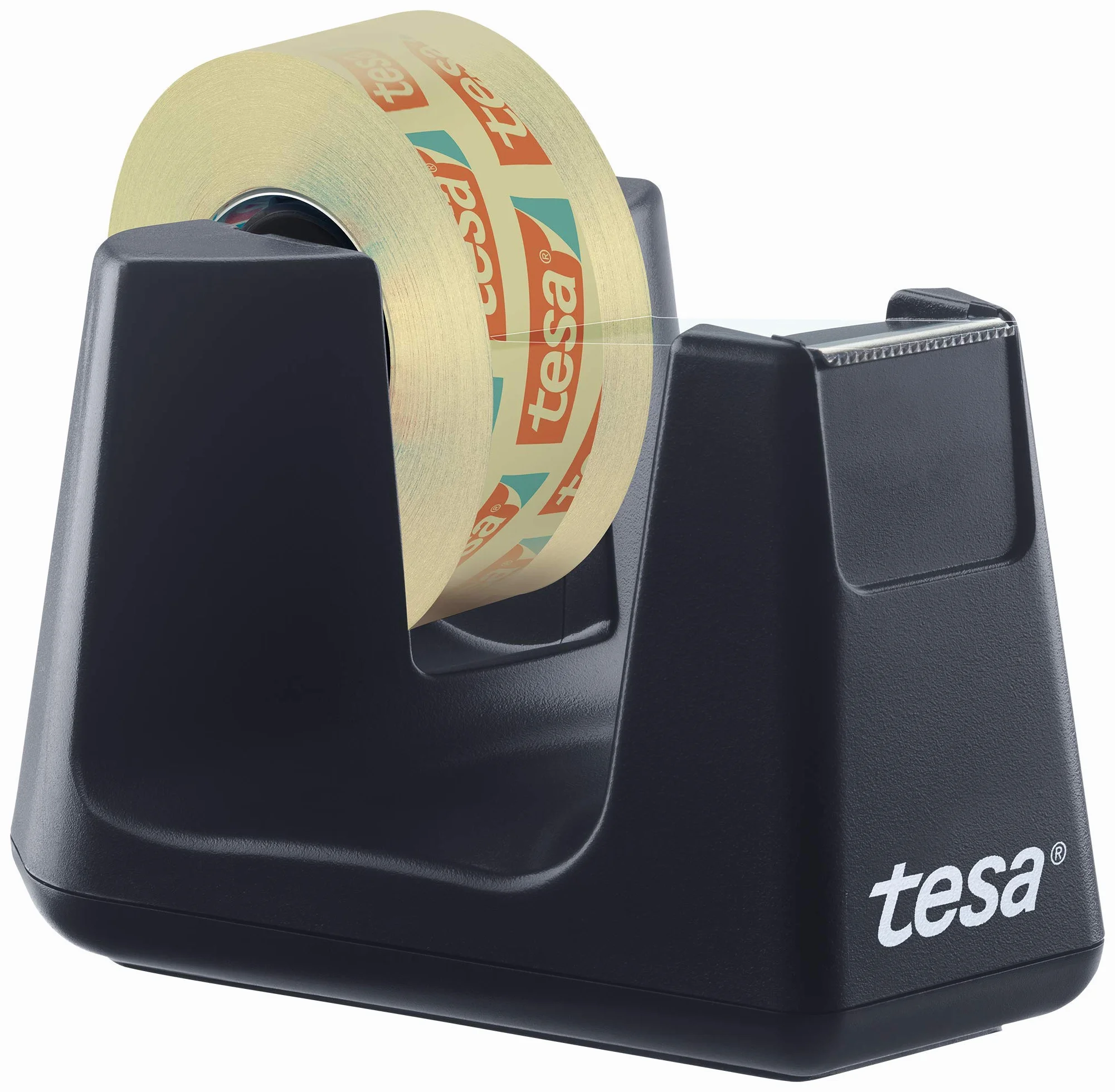 tesa® Easy Cut Smart dyspenser - solidny dozownik z funkcją antypoślizgową w kolorze czarnym i przezroczystą taśmą samoprzylepną - 1 transparentnych rolek tesafilm 10 m x 19 mm