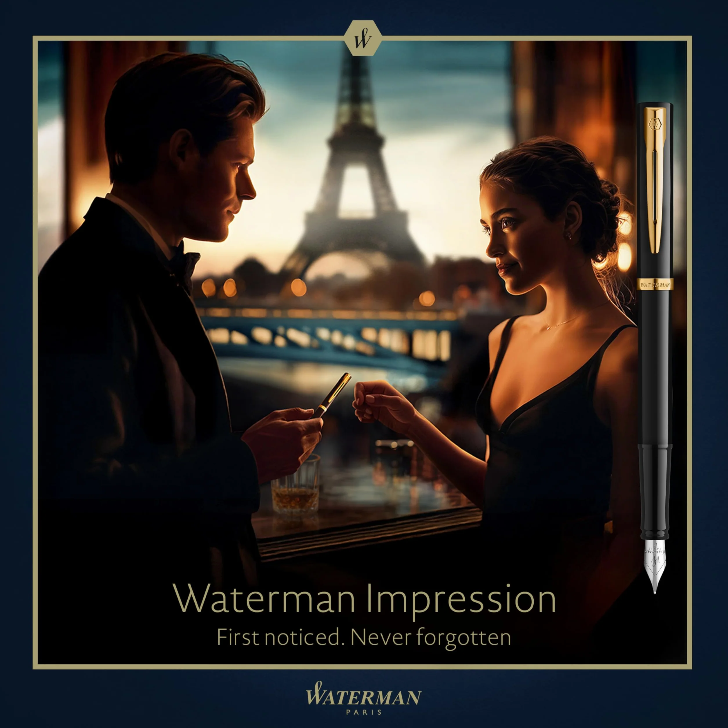 Waterman Impression Wieczne pióro Średnia stalówka Czarny lakier pozłacane wykończenia Pudełko upominkowe