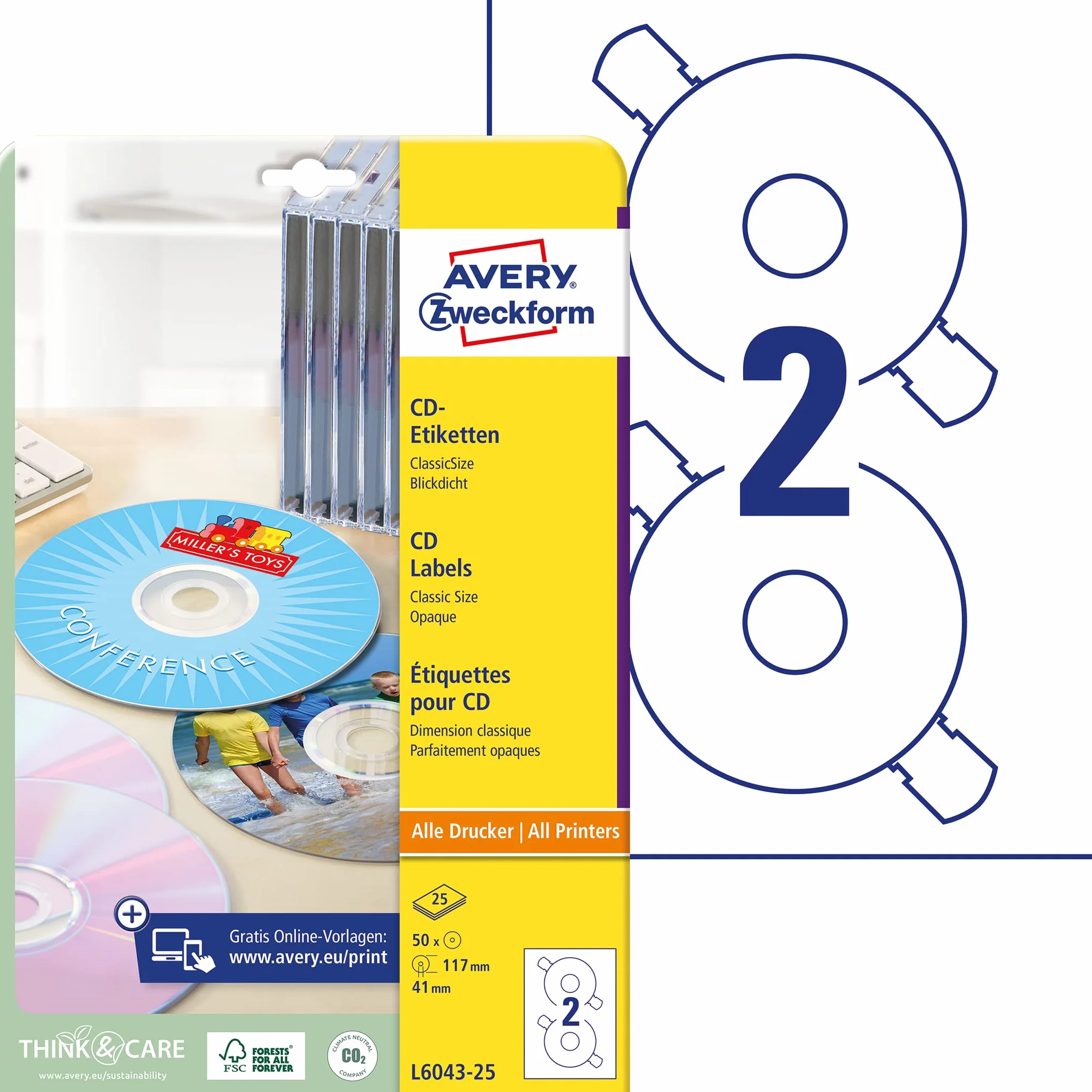 AVERY Zweckform L6043-25 samoprzylepne etykiety na płyty CD (50 nieprzezroczystych naklejek CD, Ø 117 mm na A4, ClassicSize, papier matowy, samoprzylepne etykiety samoprzylepne do wszystkich drukarek