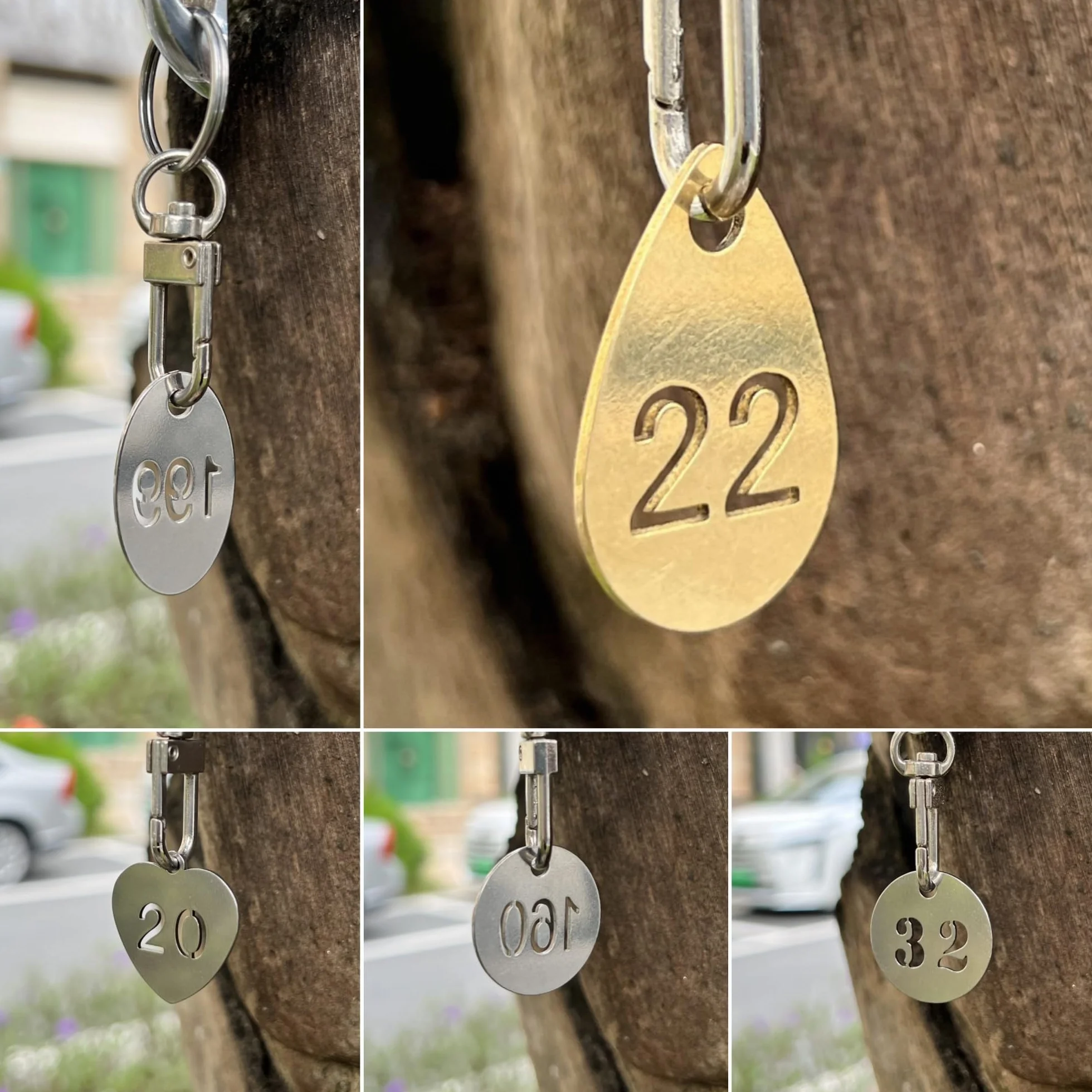 Mosiężne zawieszki do kluczy w kształcie kropli, numerowane breloczki 1-5