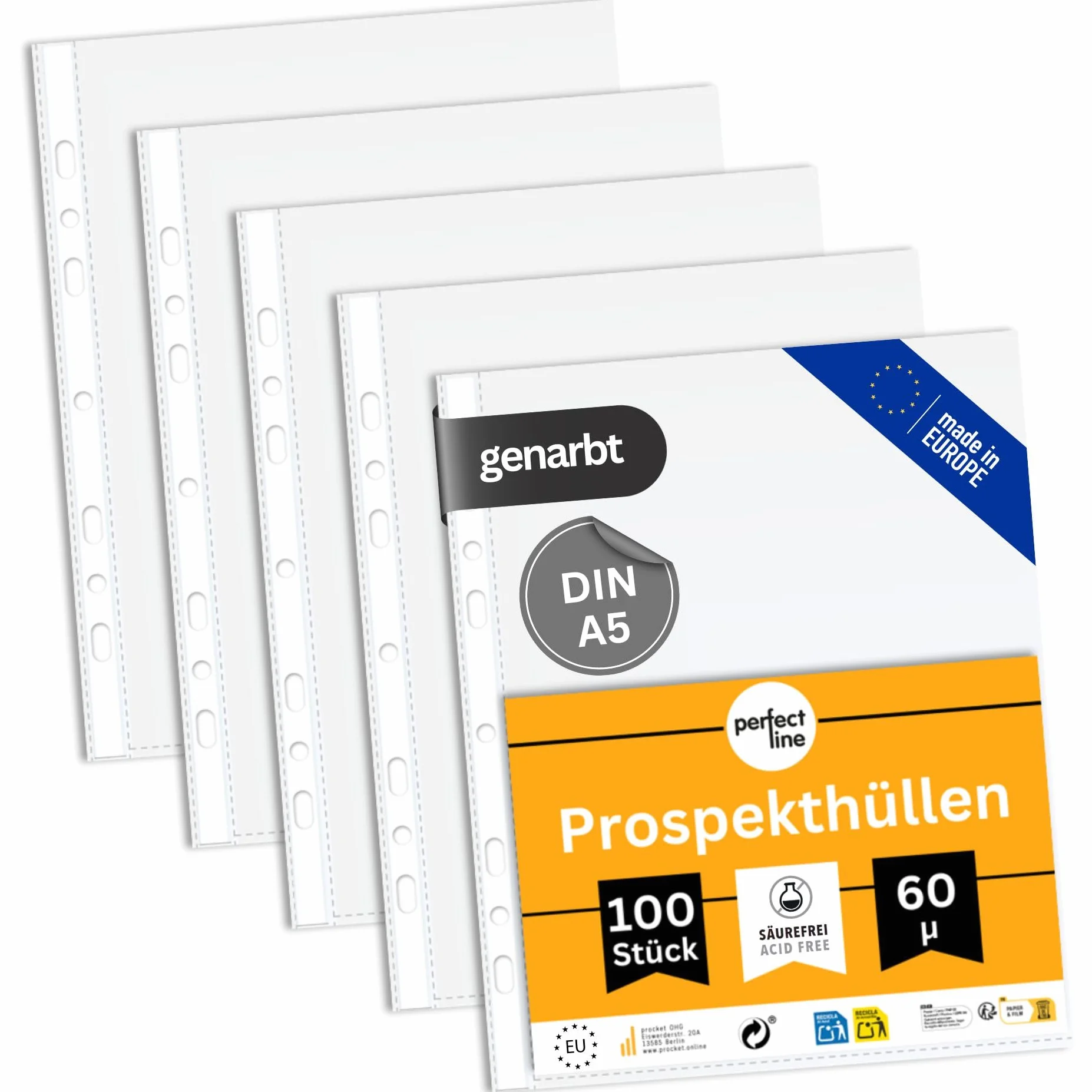 perfect line 100 Koszulki na Dokumenty DIN-A5, Przezroczyste Koszulki Foliowe, Foliowe Koszulki A5 Groszkowane, Koszulki do Segregatora, Transparentne, bezkwasowe, chroniące dokumenty