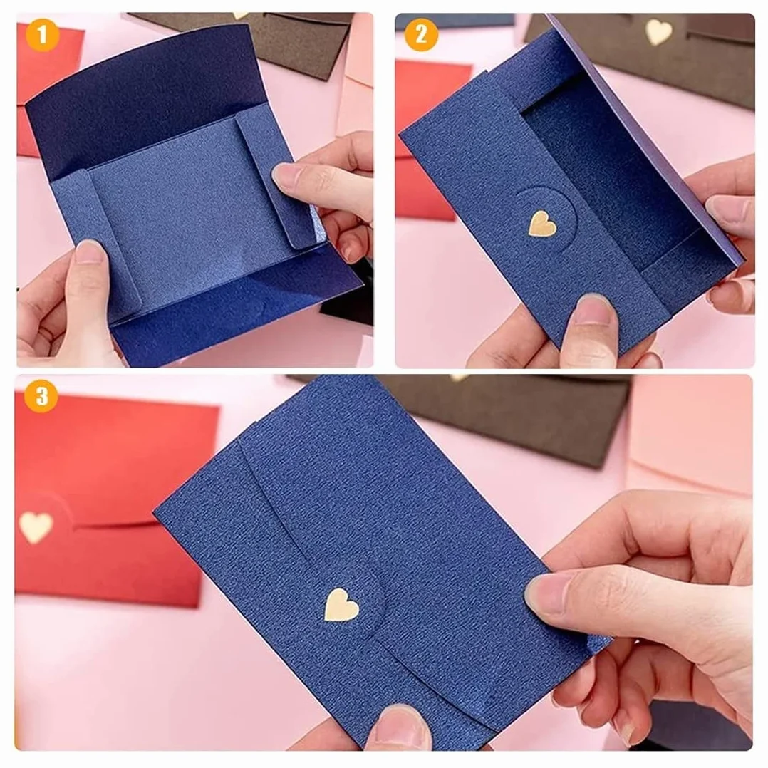 Mini koperty, 10 sztuk, na karty podarunkowe, mini koperty, przycisk serca, na kartki podarunkowe DIY, Boże Narodzenie, Walentynki, urodziny, jako prezent (burgundowy, platyna, różowy, niebieski itd.)