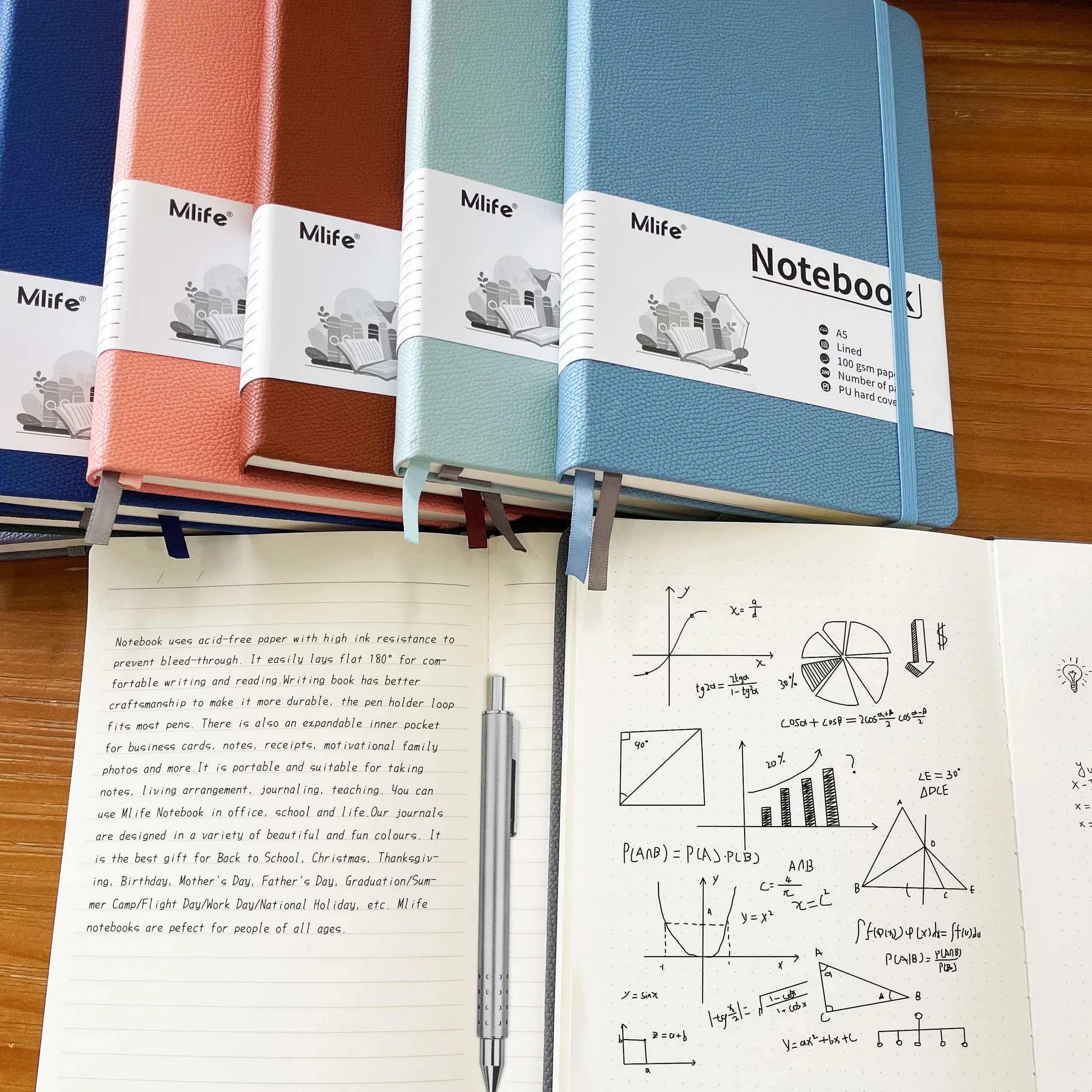 Mlife A5 Notatnik w linie, 100 GSM Gruby papier z 200 stronami, Notatnik z twardą okładką PU z wewnętrzną kieszenią, Elastyczna opaska, Notatniki do pisania w biurze, szkole, domu i firmie(Czarny)